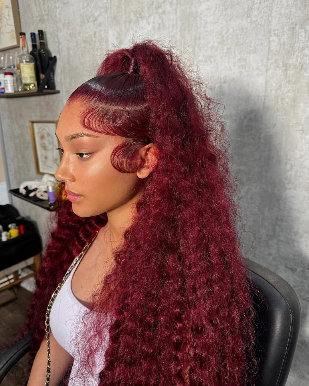 Crimson Curls High Ponytail With Baby Hair