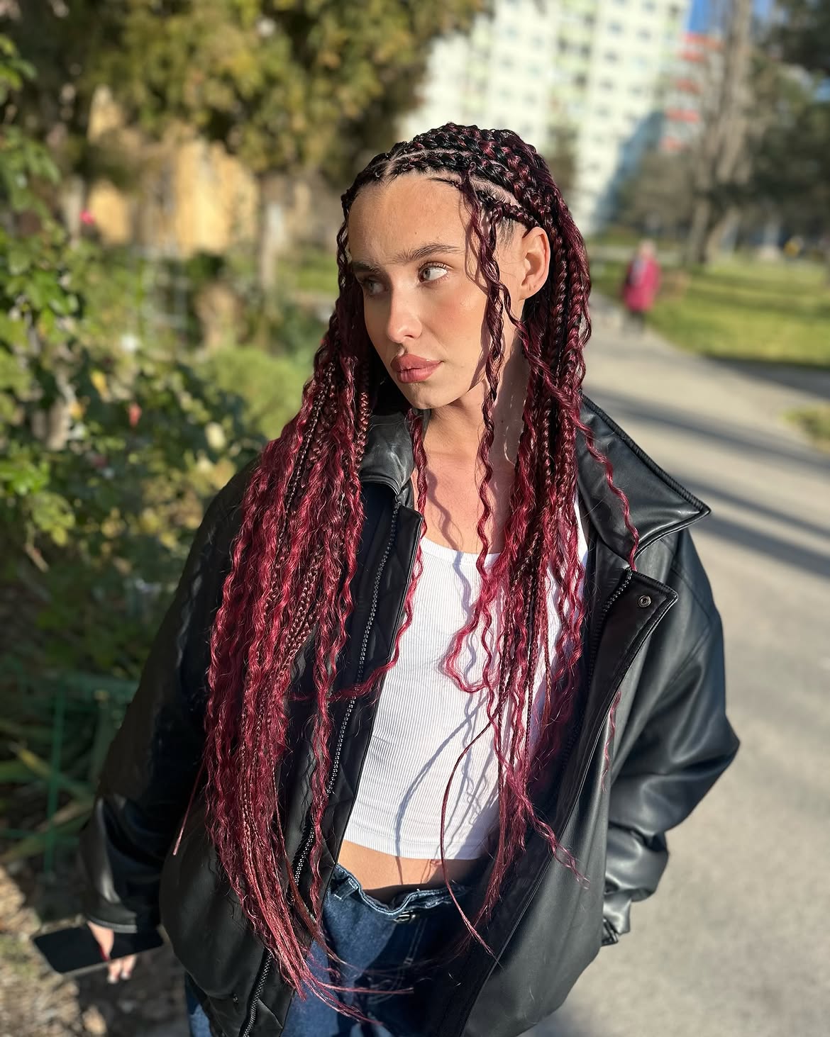 Crimson Red Box Braids With Loose Curls