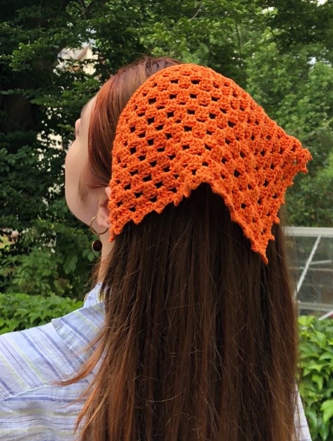 Crochet Bandana With Auburn Layered Long Hair