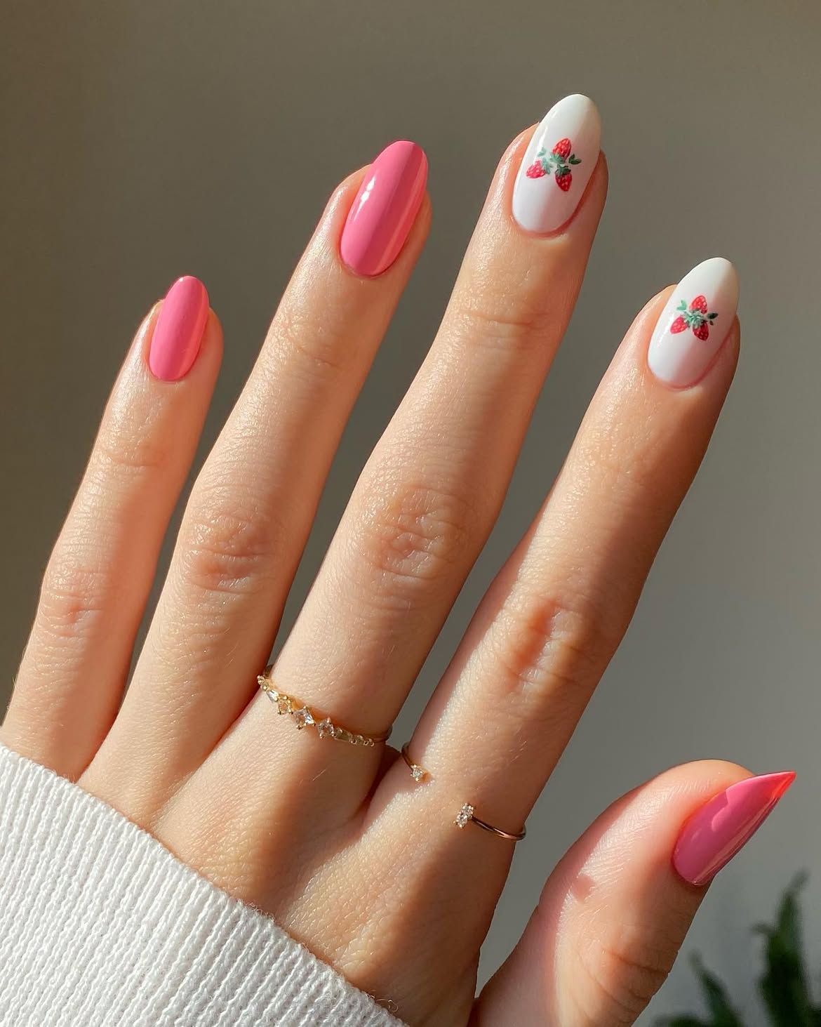 Cute Strawberry Accent Almond Nails