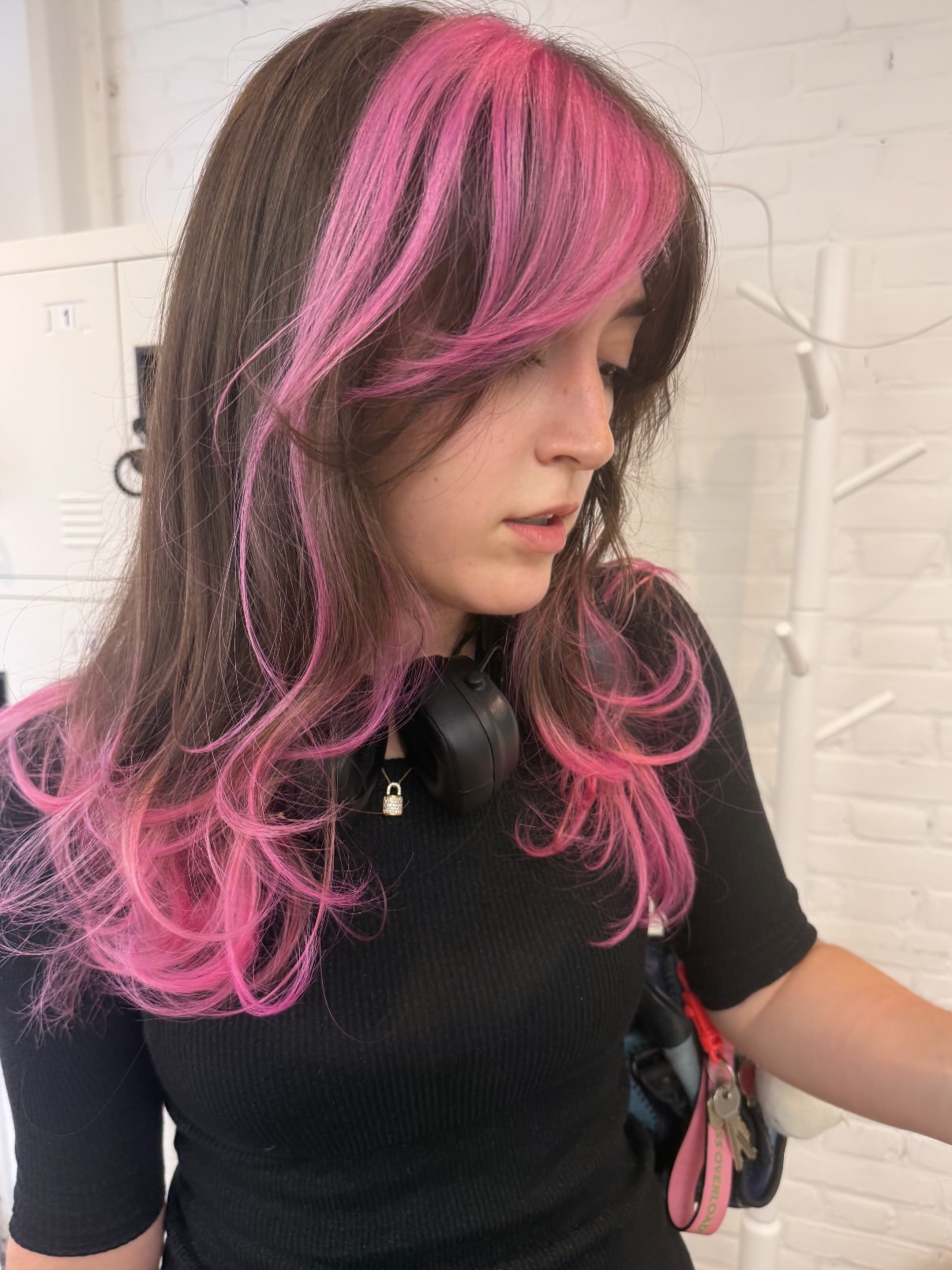 Dark Brown Lob With Vibrant Pink Face-Framing