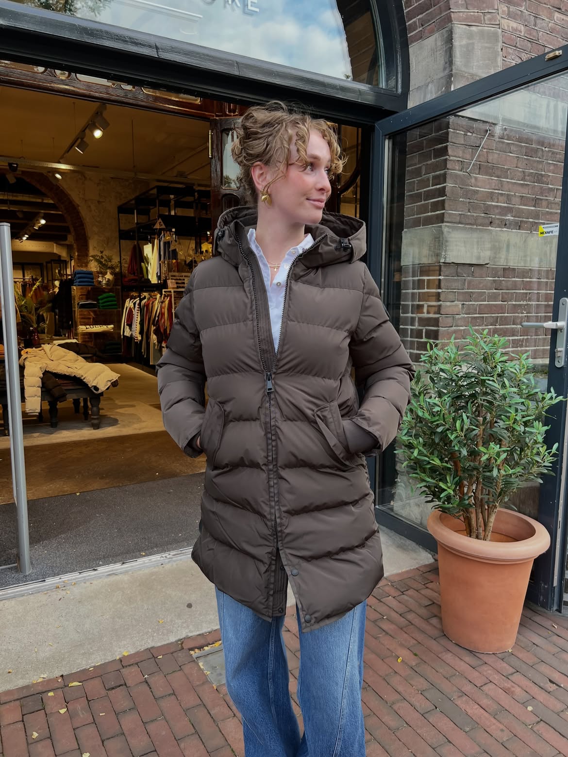 Dark Brown Puffer Jacket With Classic Blue Denim