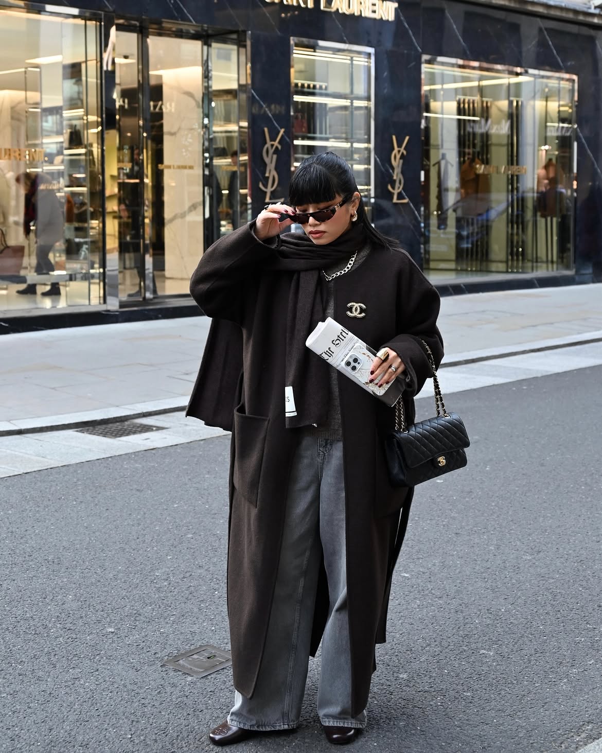 Dark Brown Wool Coat With Grey Denim And Scarf