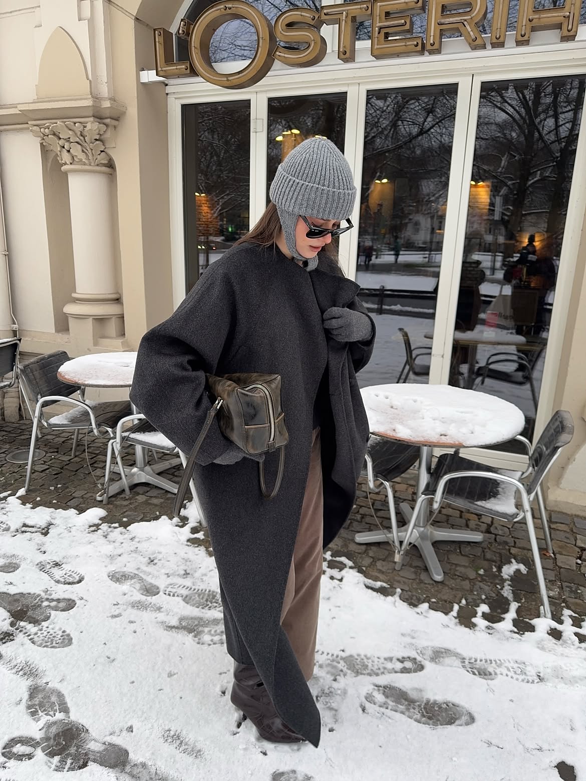 Dark Charcoal Wool Coat And Gray Balaclava Winter Look