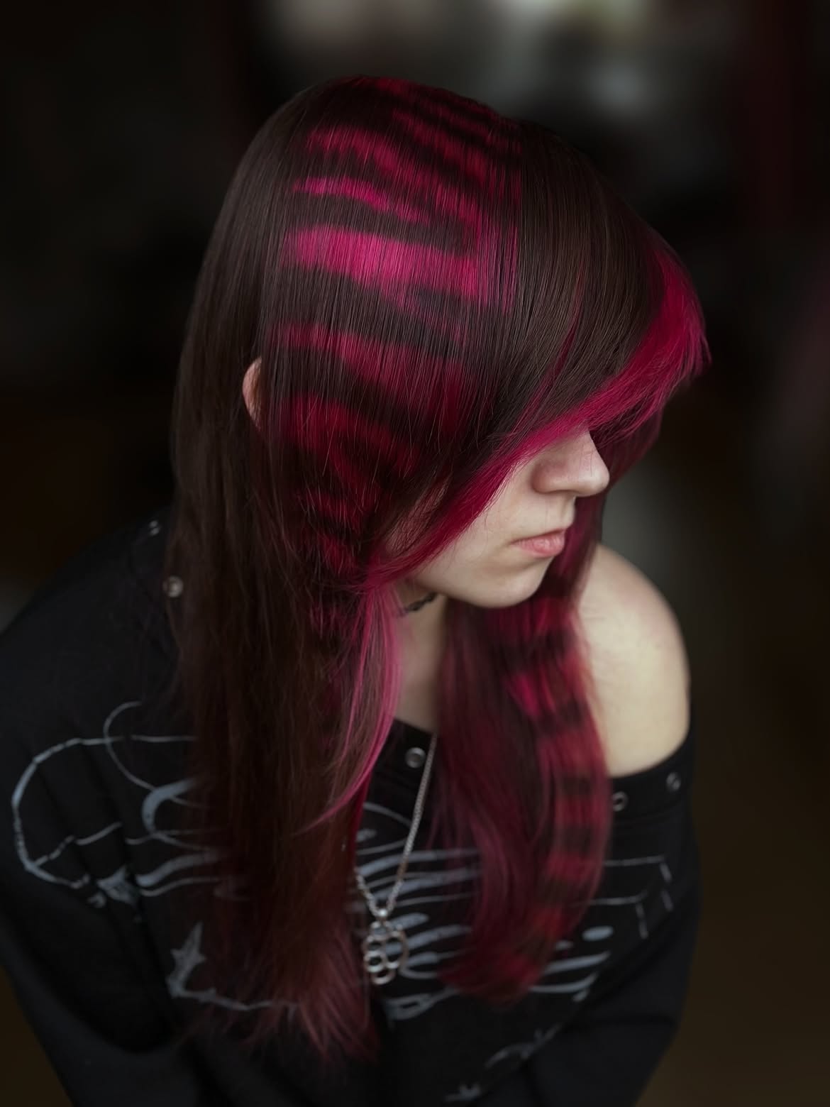 Dark Cherry Emo Lob With Pink Streaks