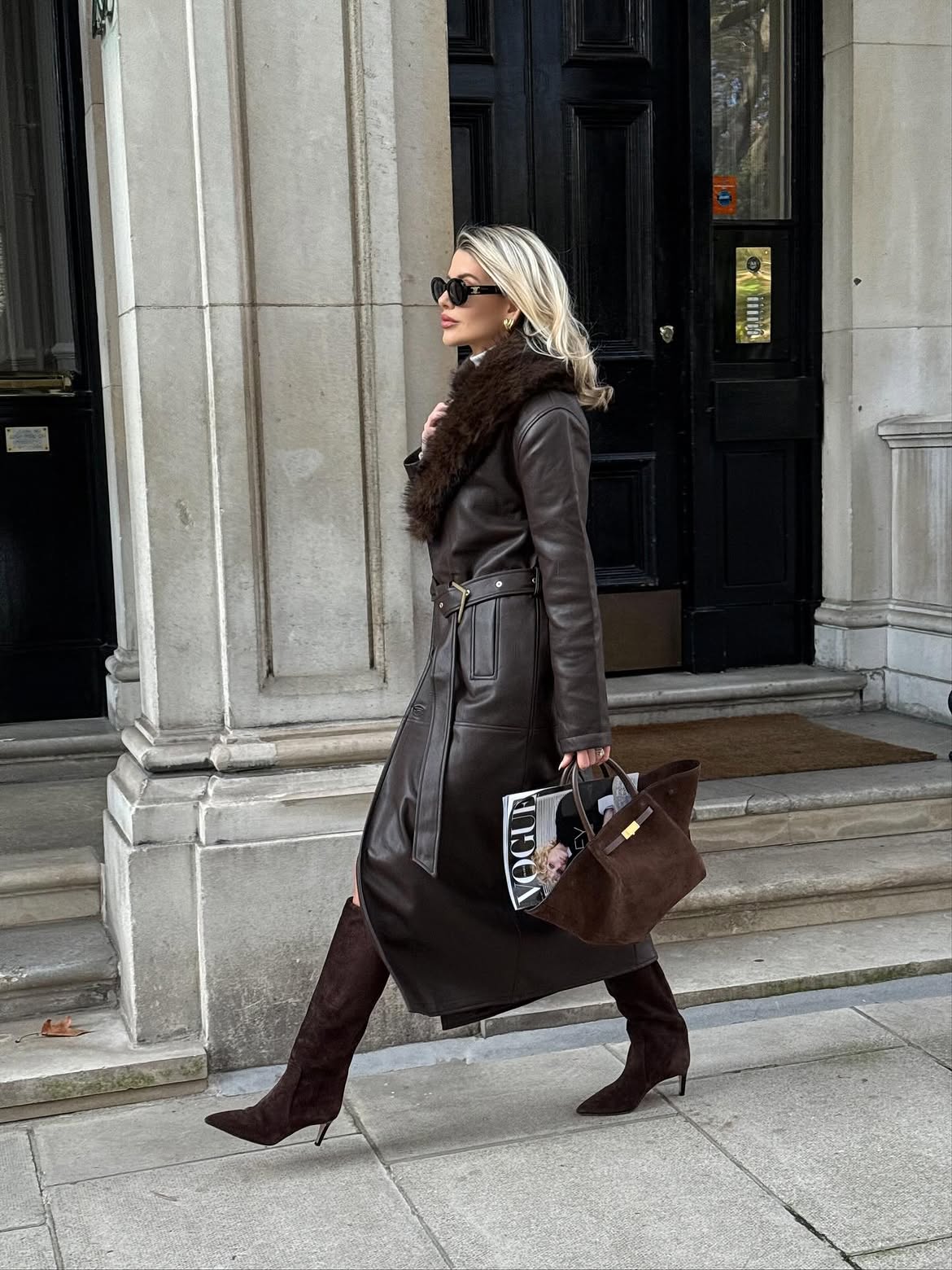 Dark Chocolate Faux Leather Trench With Fur Collar