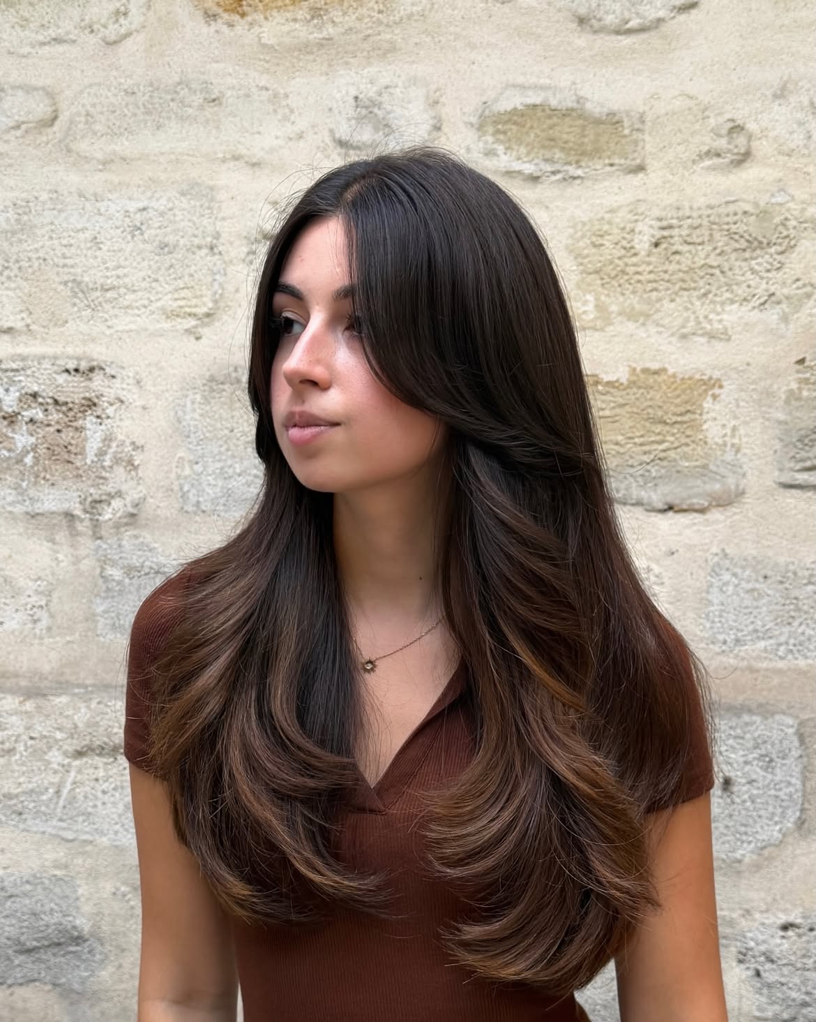 Dark Chocolate Layers With Face Framing Bangs