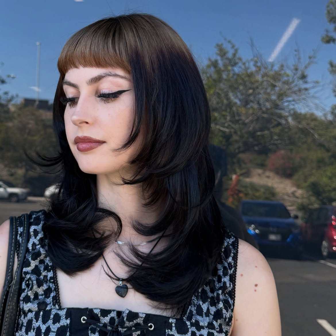 Dark Espresso Layers With Honey Blonde Bangs