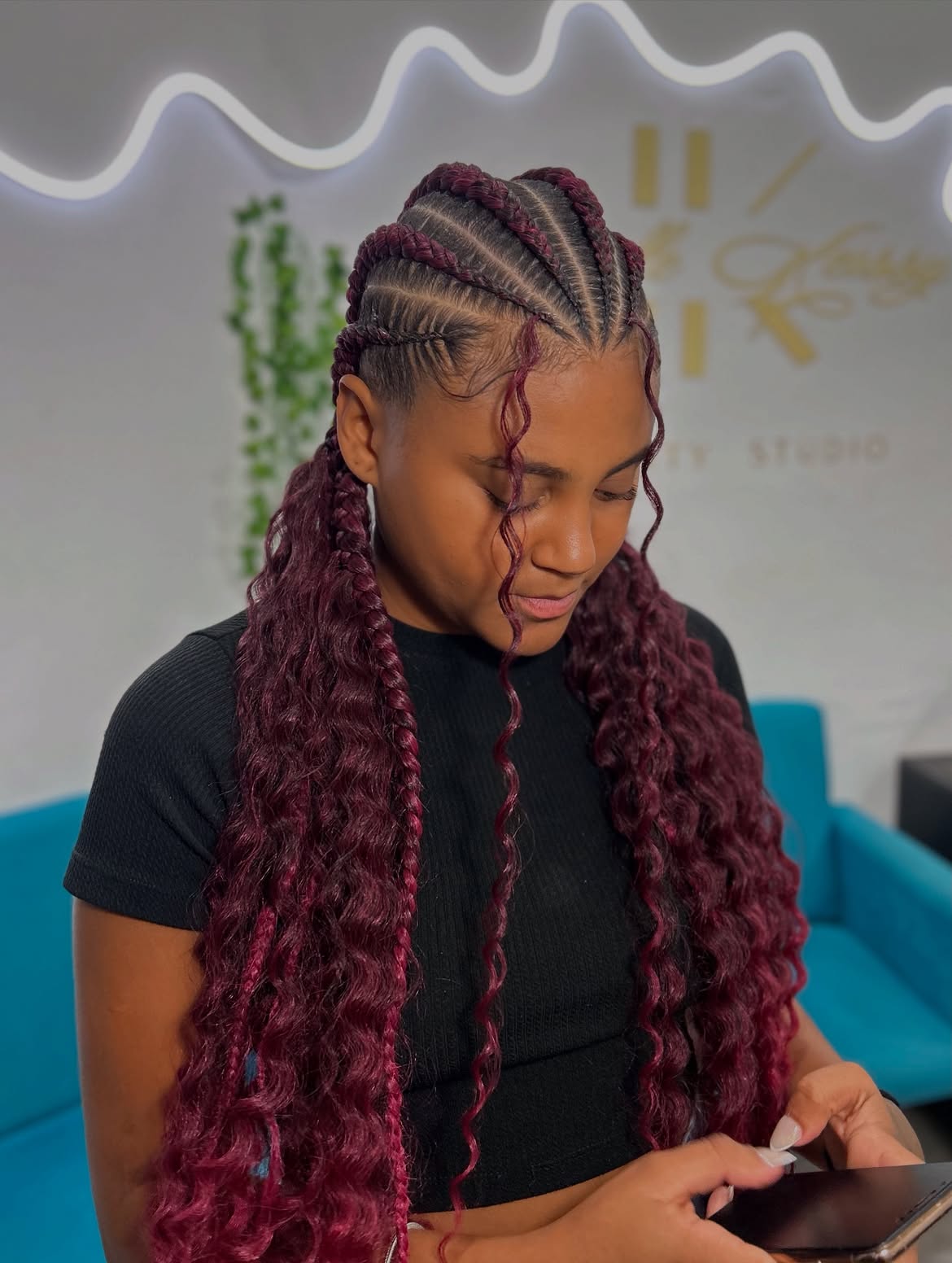 Deep Burgundy Cornrows With Waterfall Braids