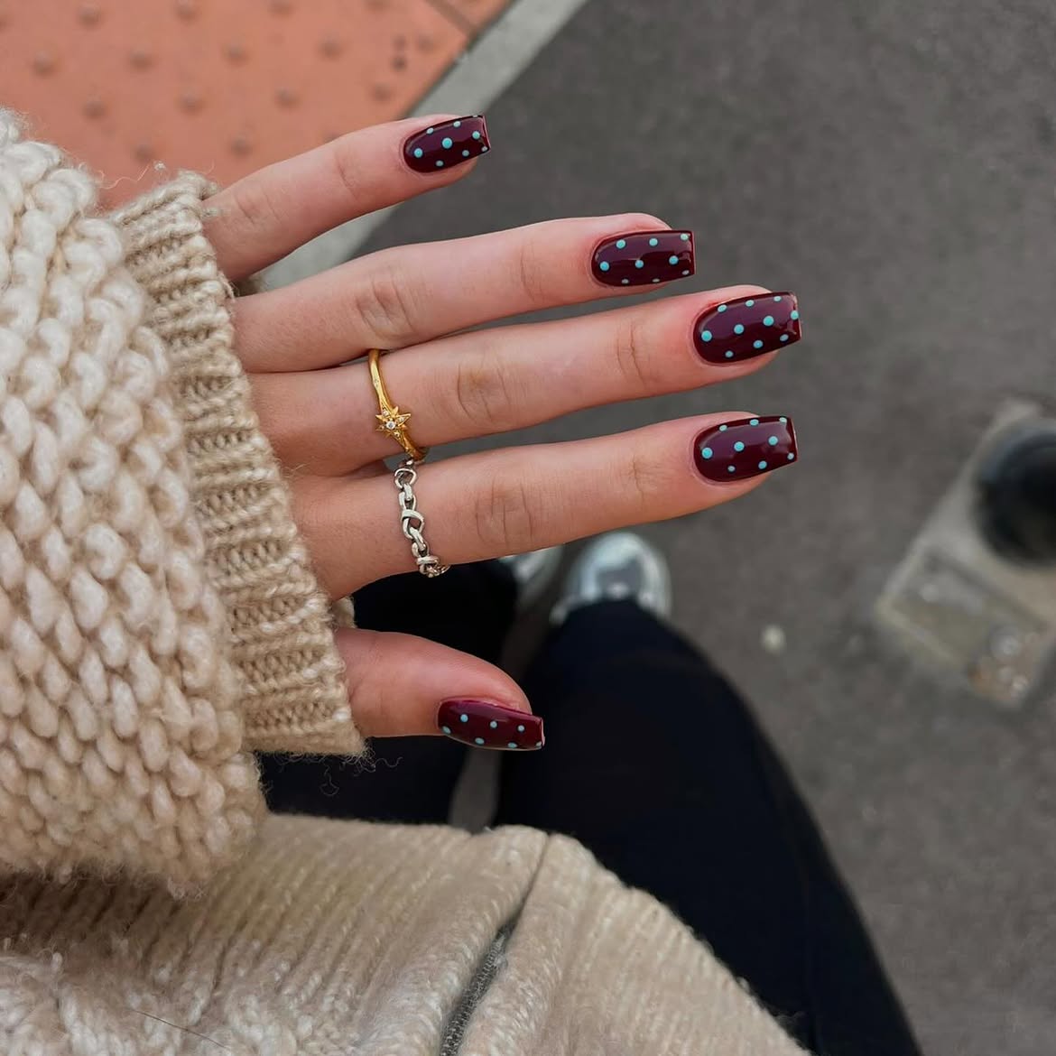 Deep Burgundy Square Nails with Teal Polka Dots
