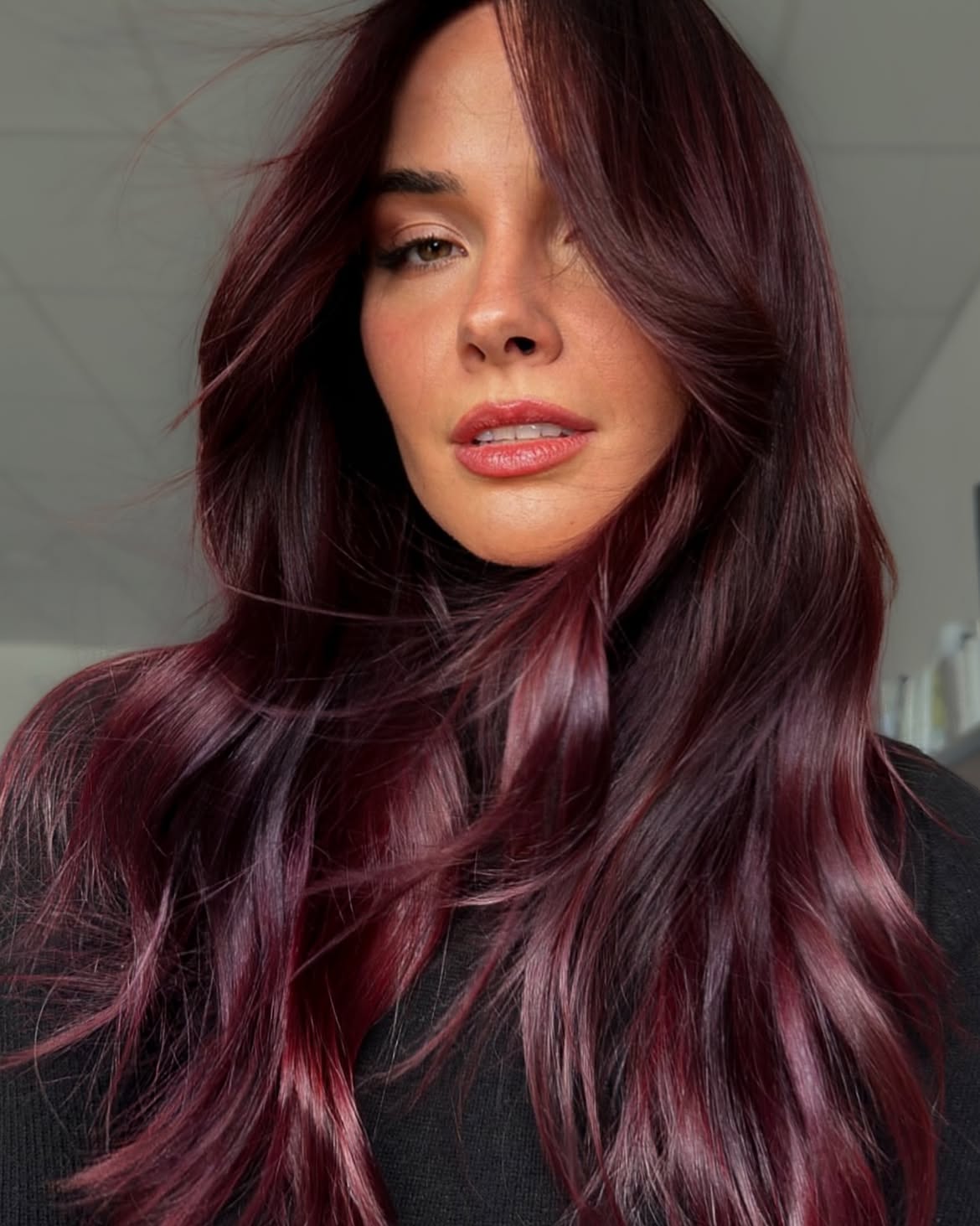 Deep Cherry Cola Balayage With Loose Waves
