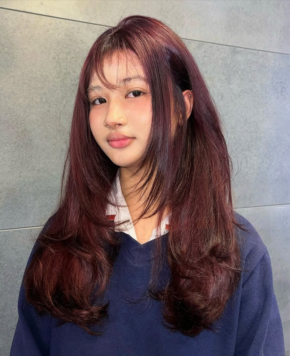 Deep Cherry Red Layers With Wispy Bangs