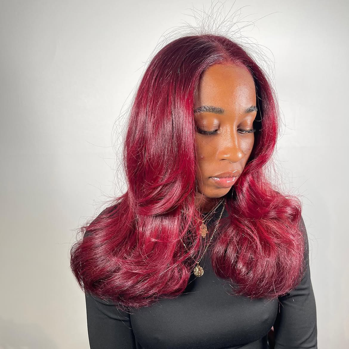 Deep Cherry Red Silk Press Blowout