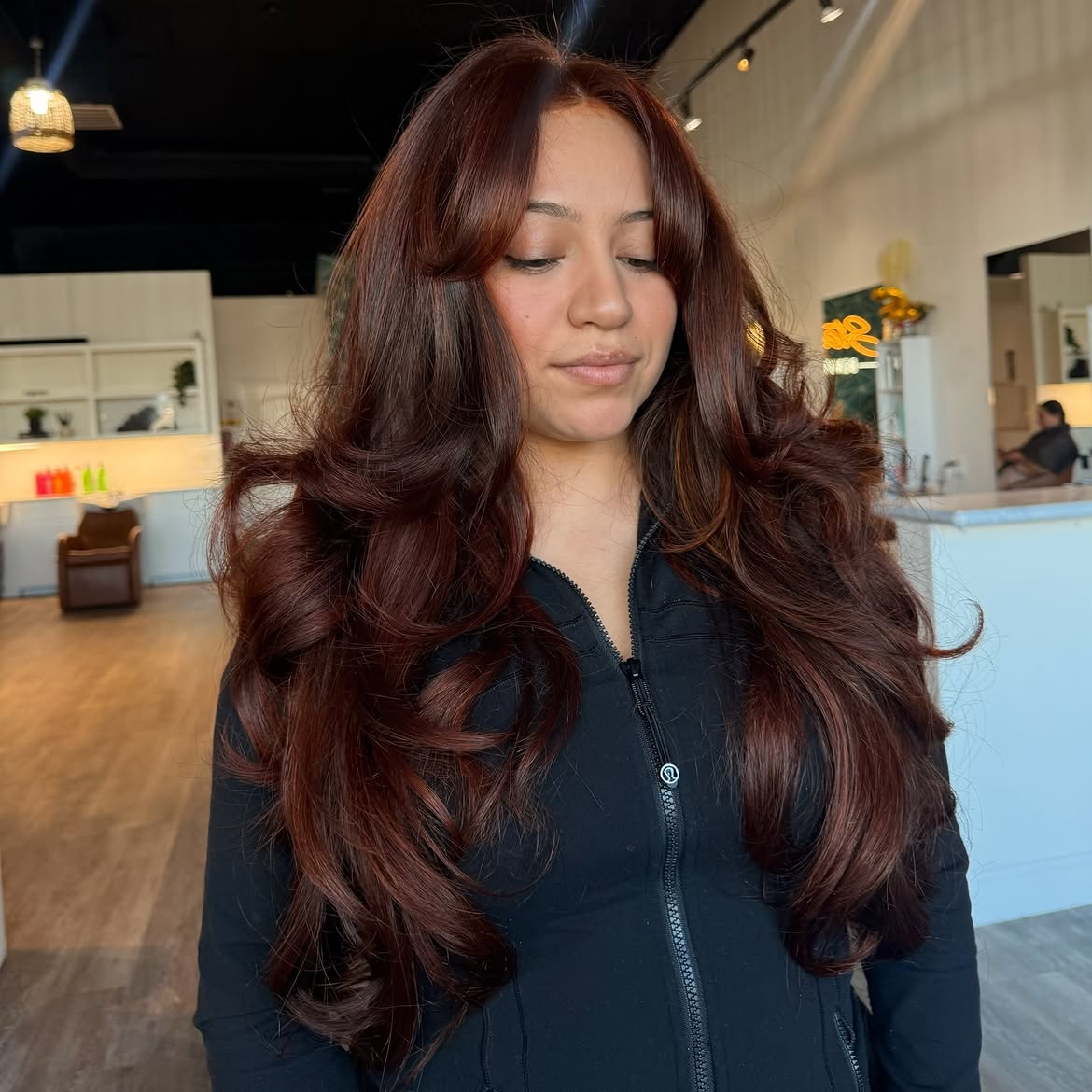 Deep Copper Brown Layers With Soft Curtain Bangs