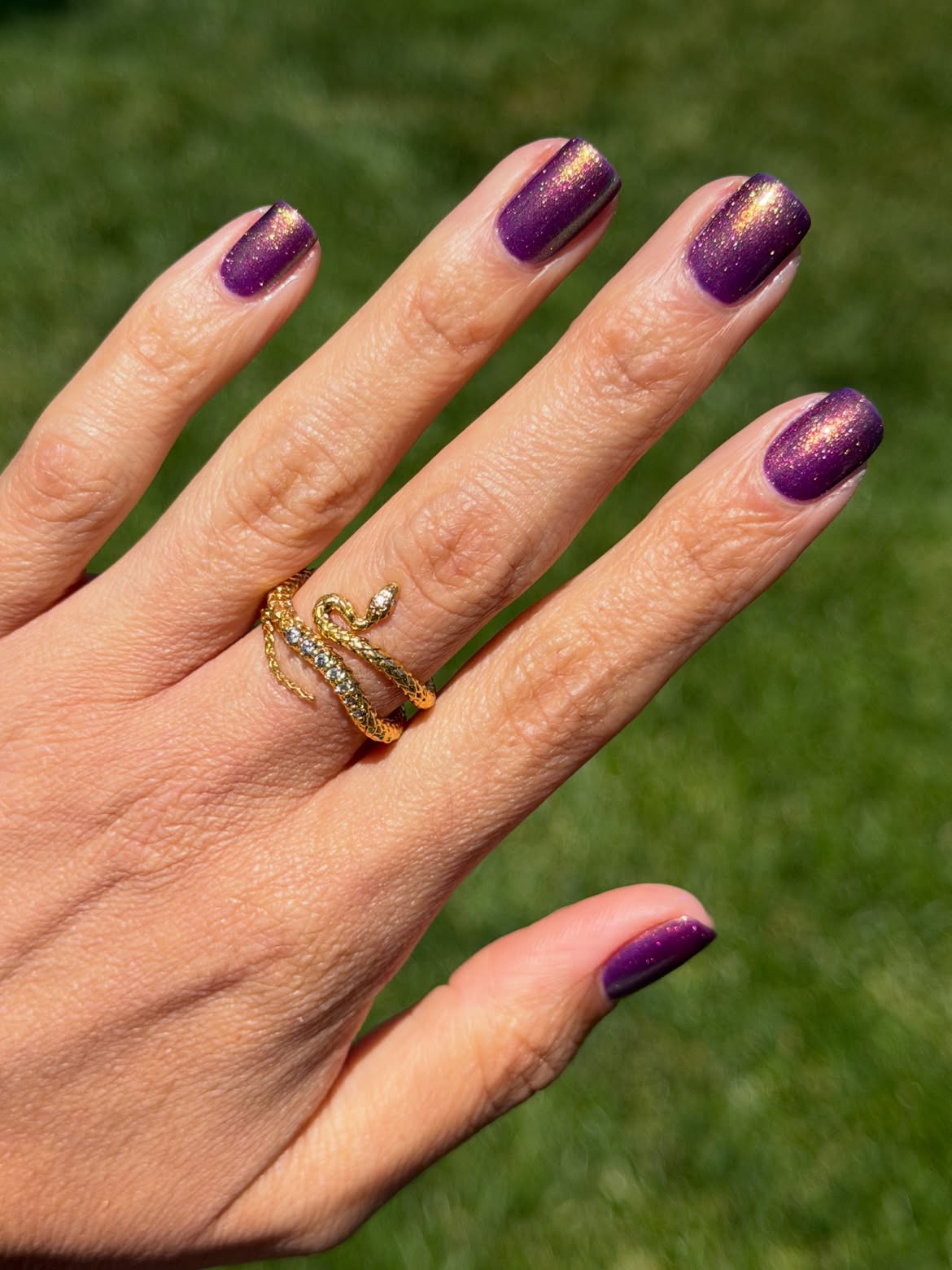 Deep Purple Shimmer Nails With Gold Shift