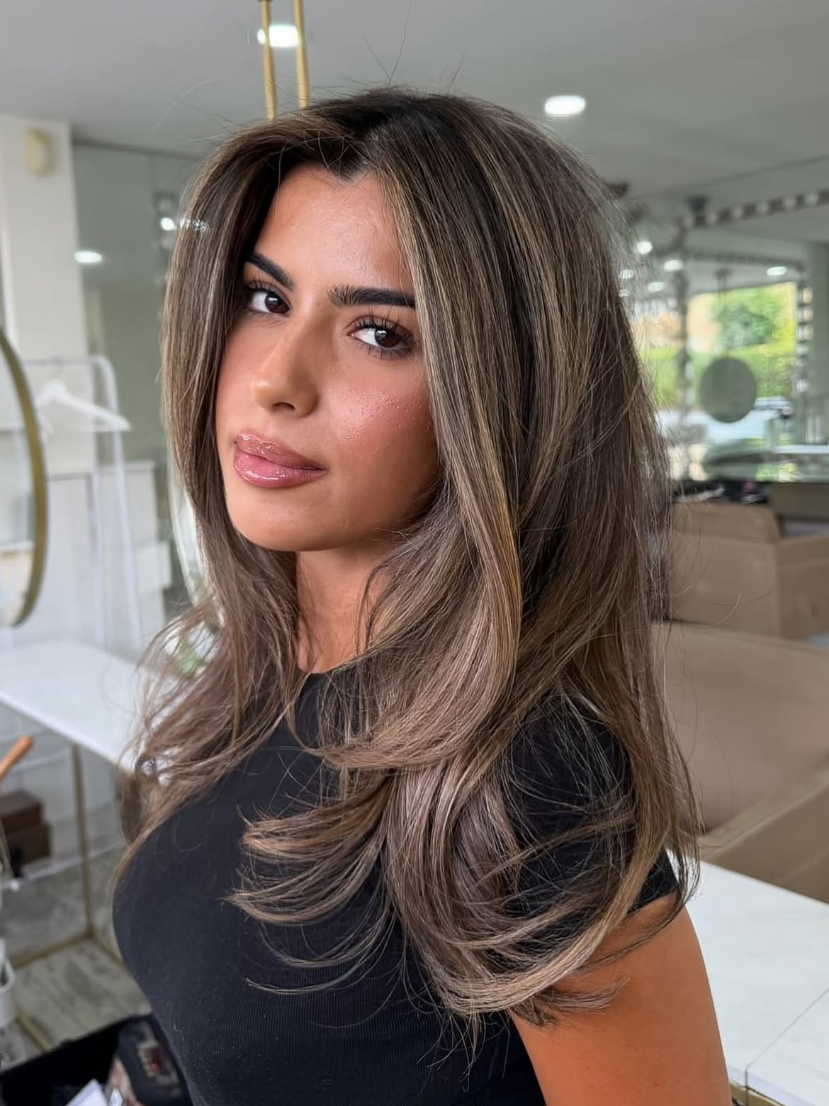 Dimensional Brunette With Honey Balayage Waves