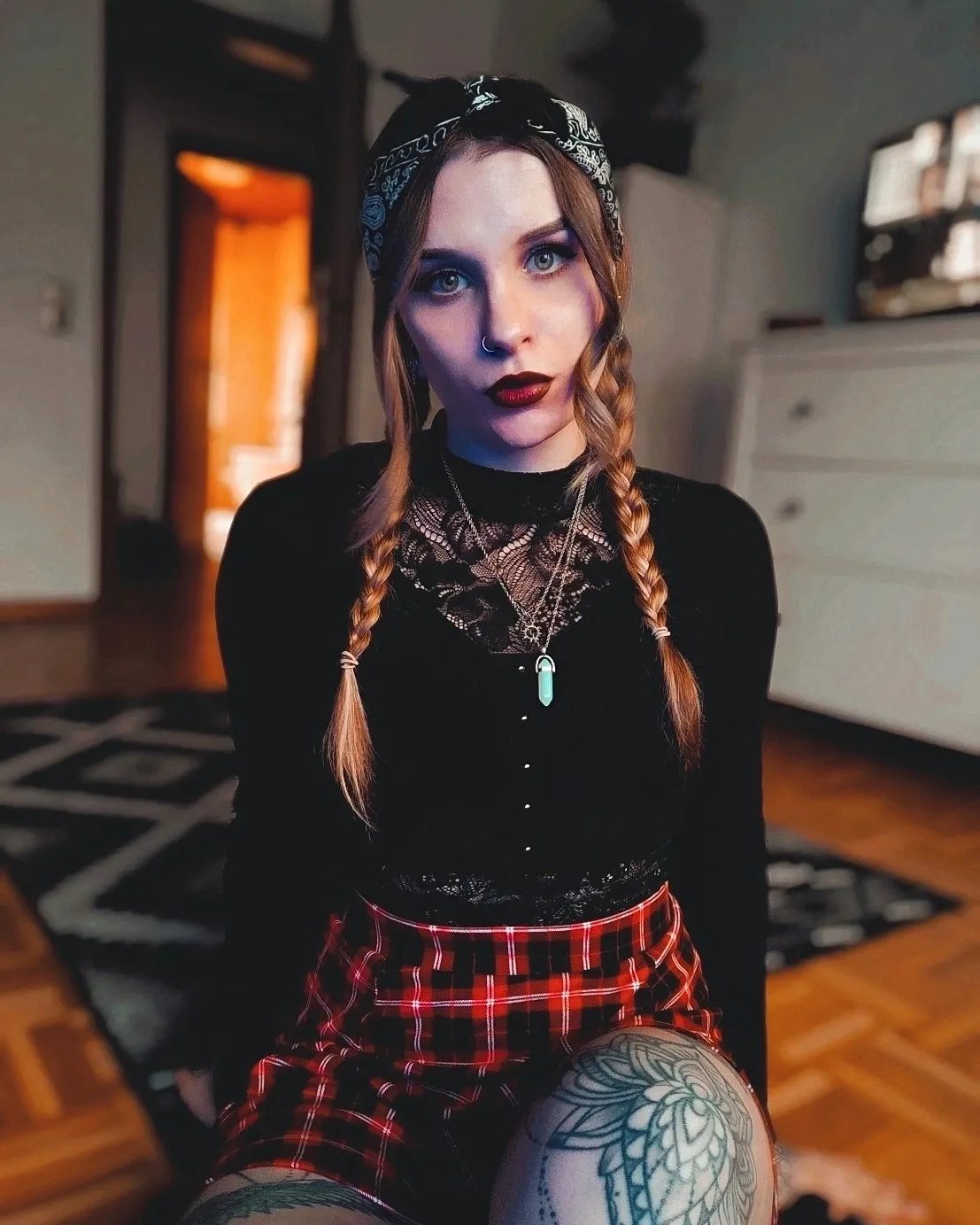 Double Braids With Bandana And Face Framing Layers