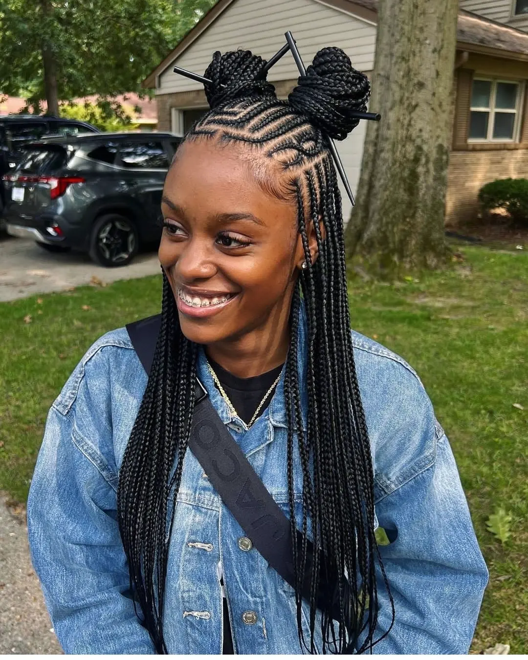 Double Bun Medium Knotless Braids With Defined Parts
