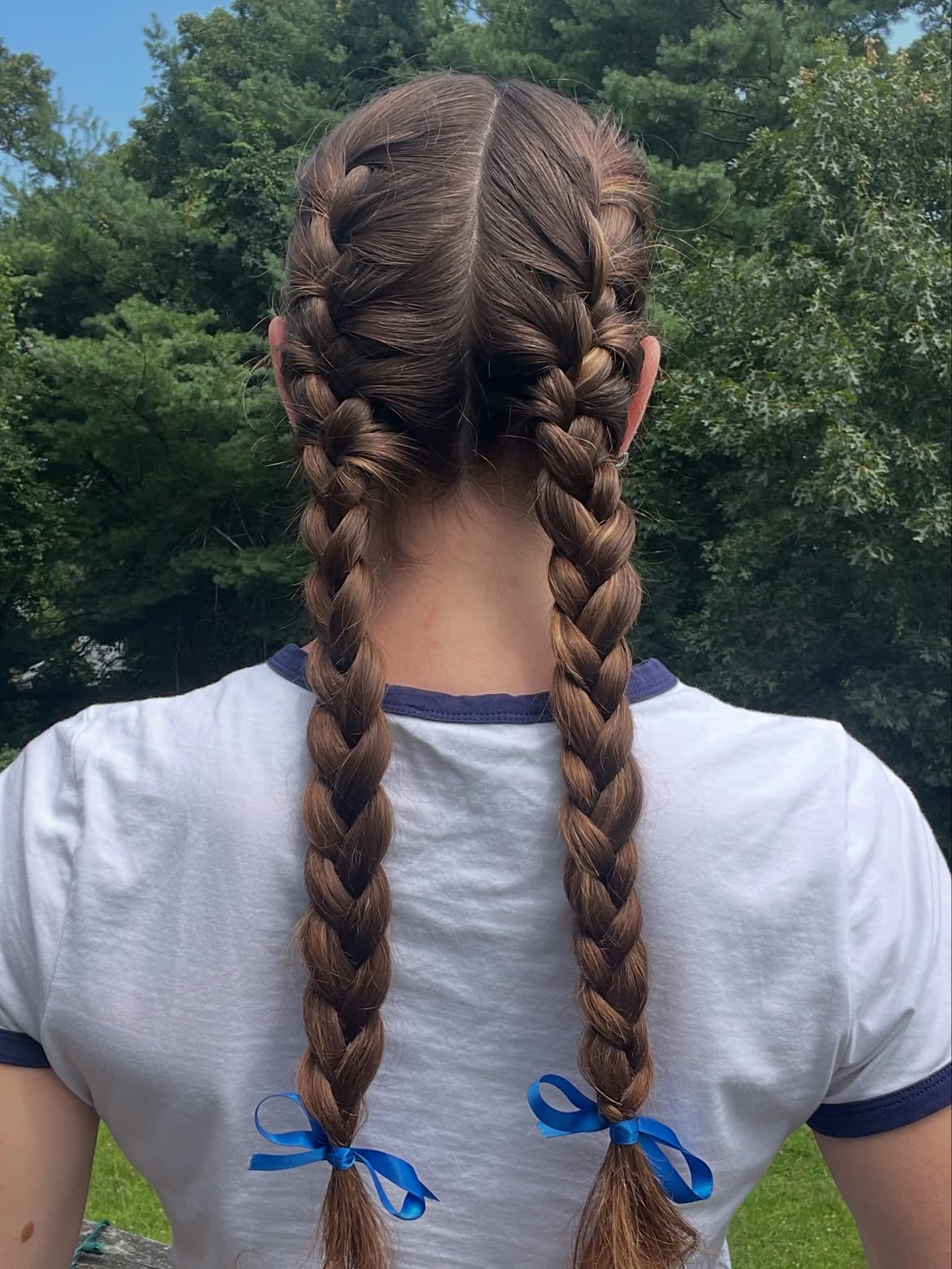Double Dutch Braids With Blue Ribbon Accents