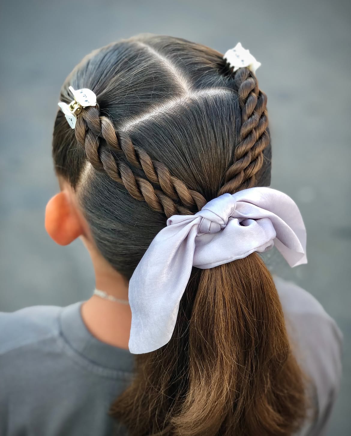 Double Twisted Braids With Satin Bow Ponytail