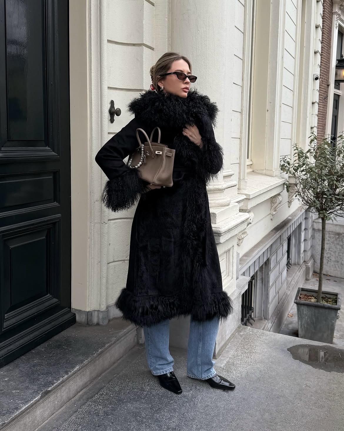 Dramatic Black Fur Trim Coat With Light Wash Denim