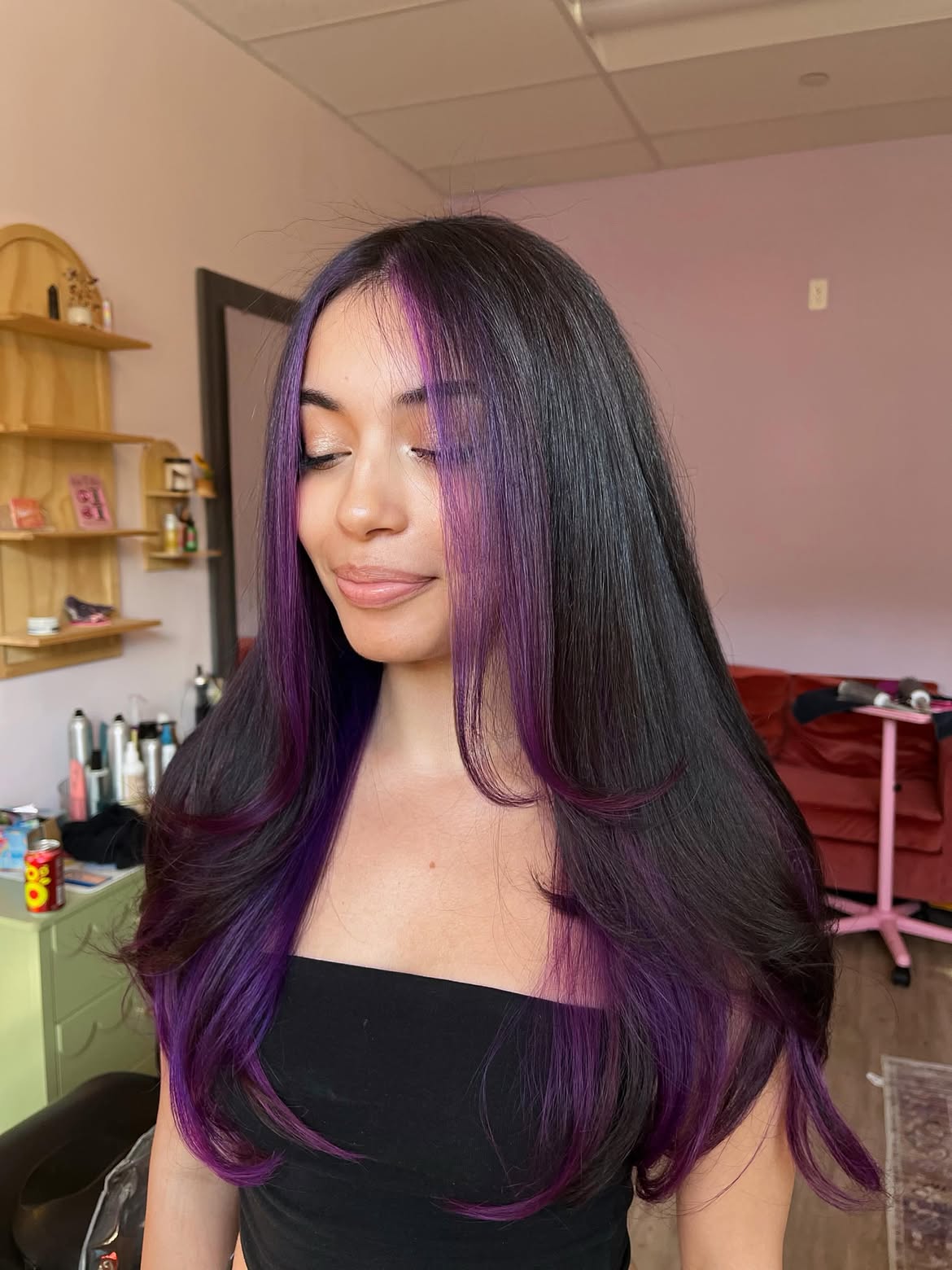 Dramatic Purple Face-Framing Highlights On Espresso Hair