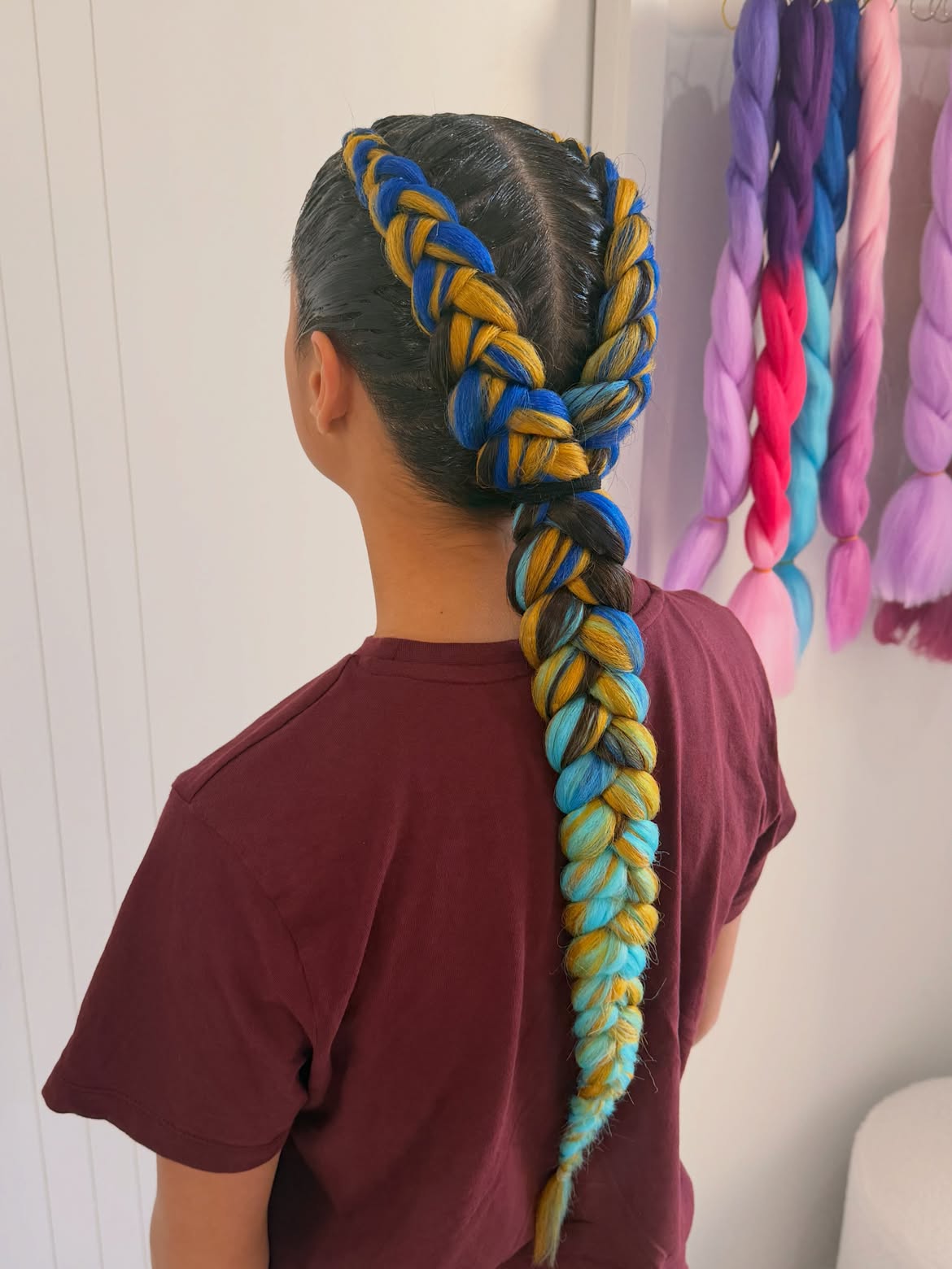 Dual Dutch Braids With Vibrant Blue & Gold Strands