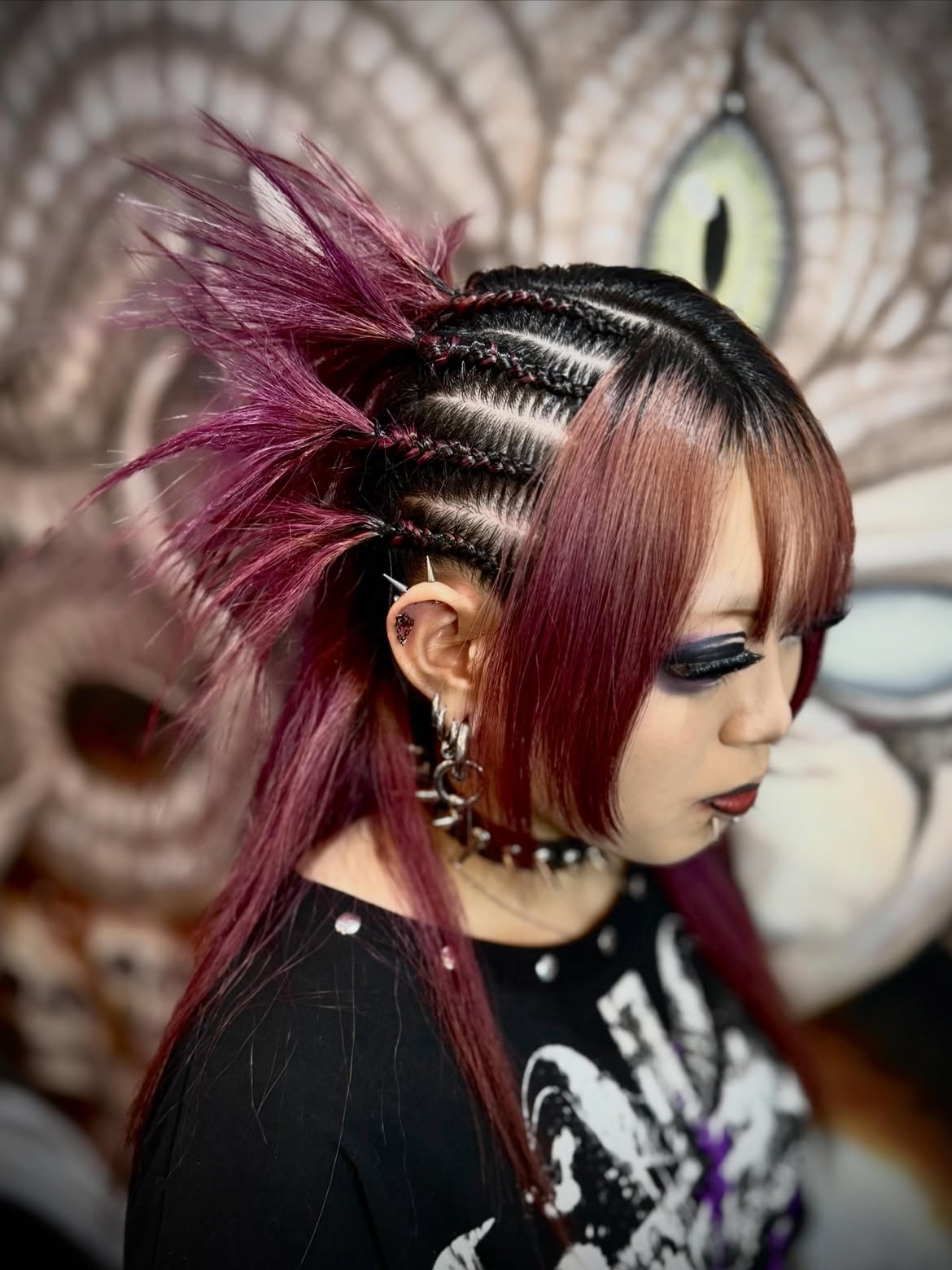 Edgy Braided Mohawk With Spiky Magenta Ponytails