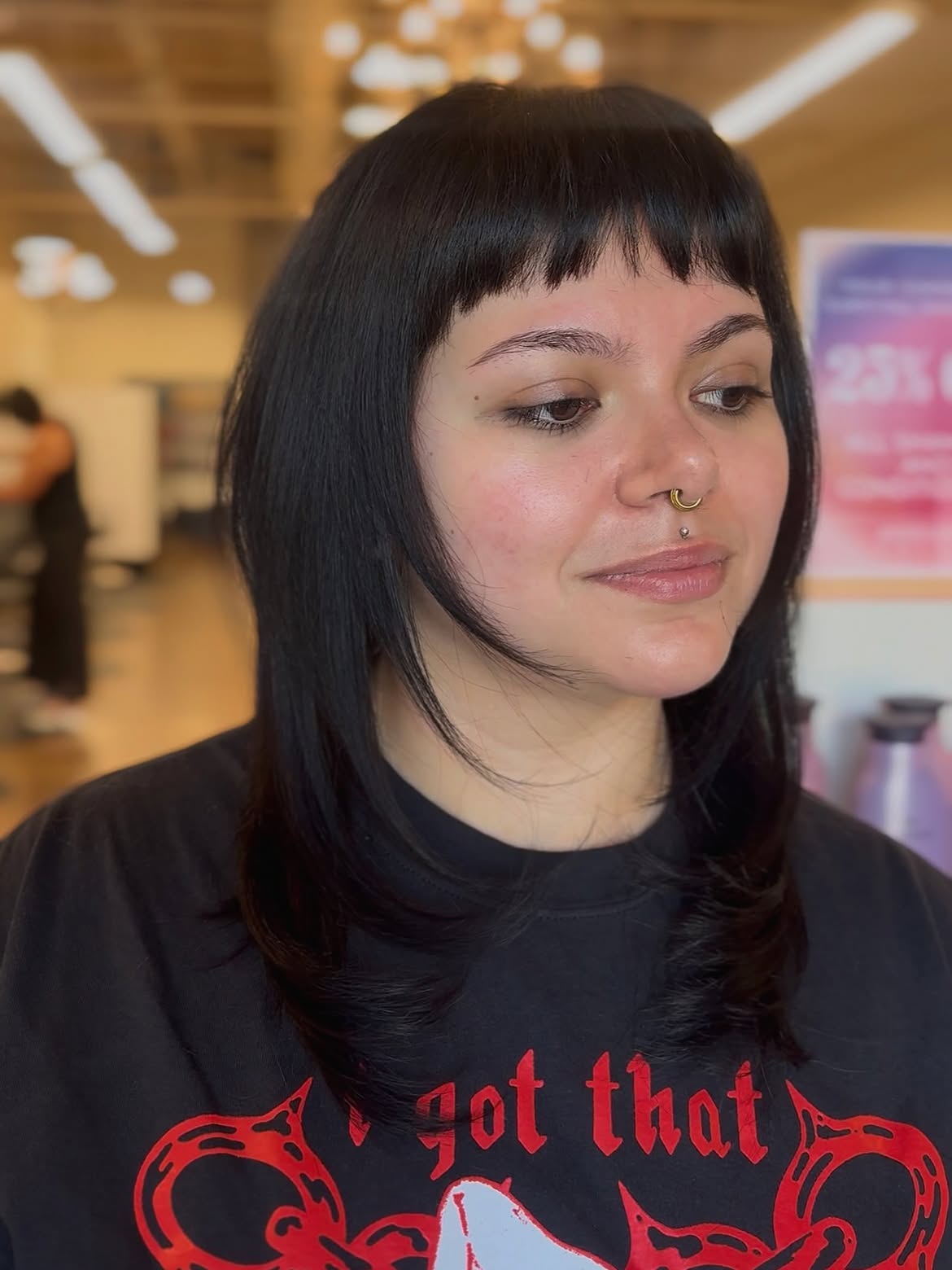 Edgy Micro Bangs With Layered Dark Lob