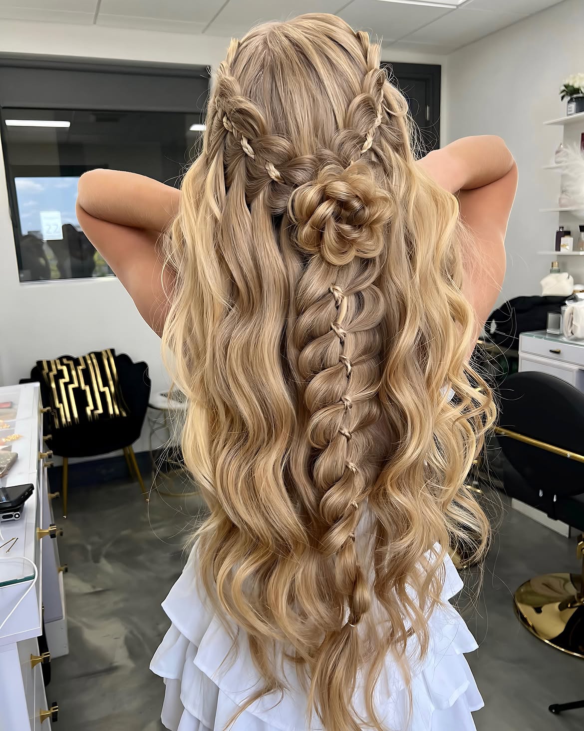 Elaborate Flower Braid With Wavy Honey Blonde Hair