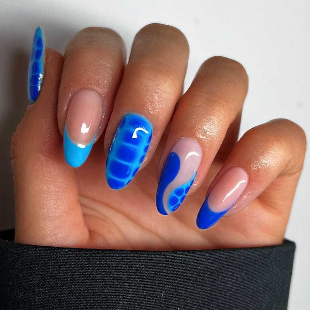Electric Blue Abstract Swirl French Tips