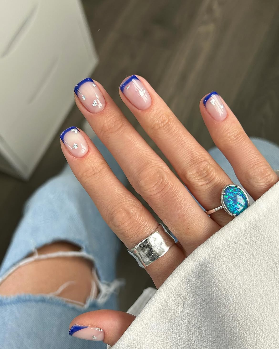 Electric Blue French Tips with Silver Flakes