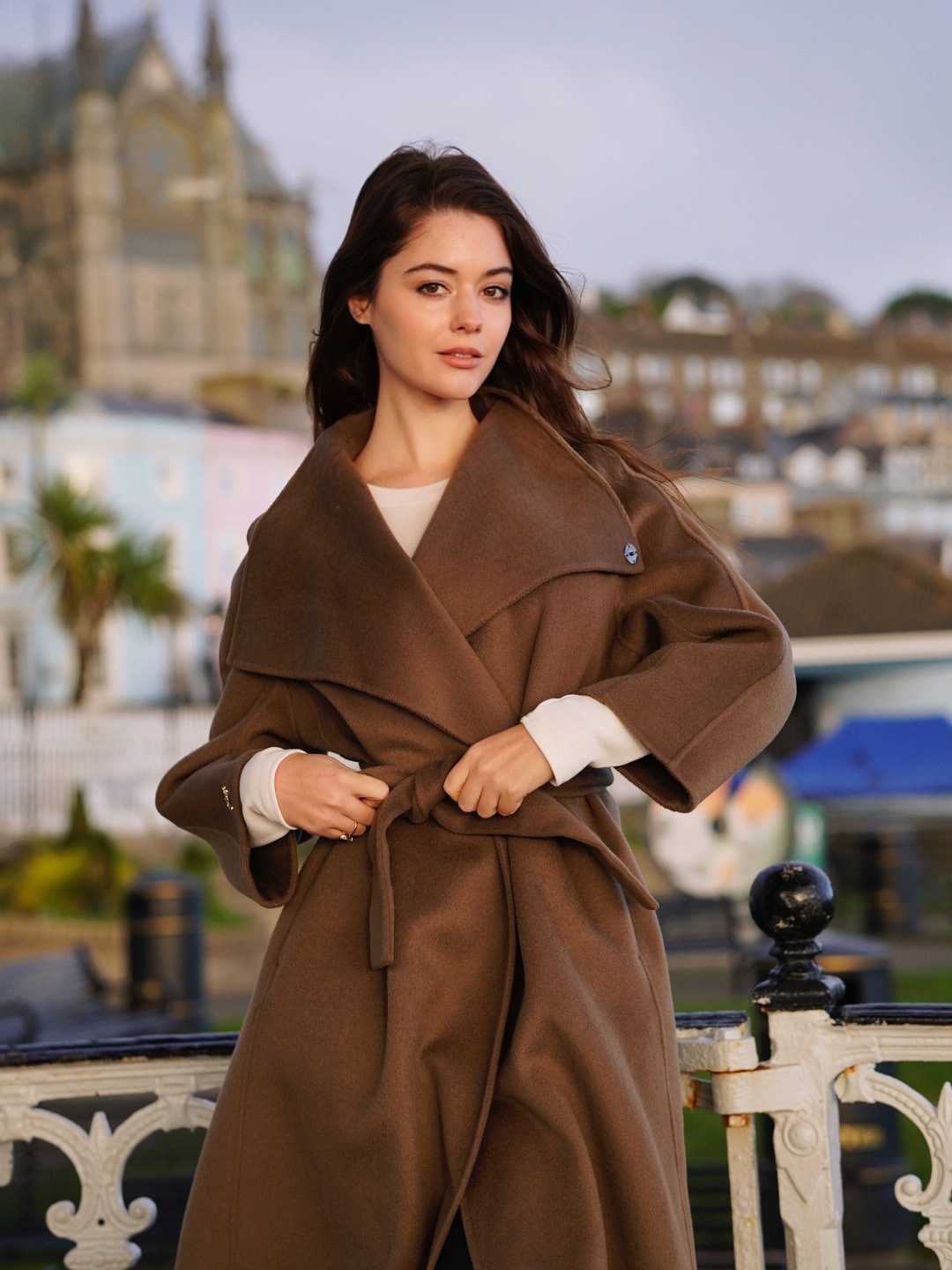 Elegant Brown Wrap Coat With White Turtleneck Layering