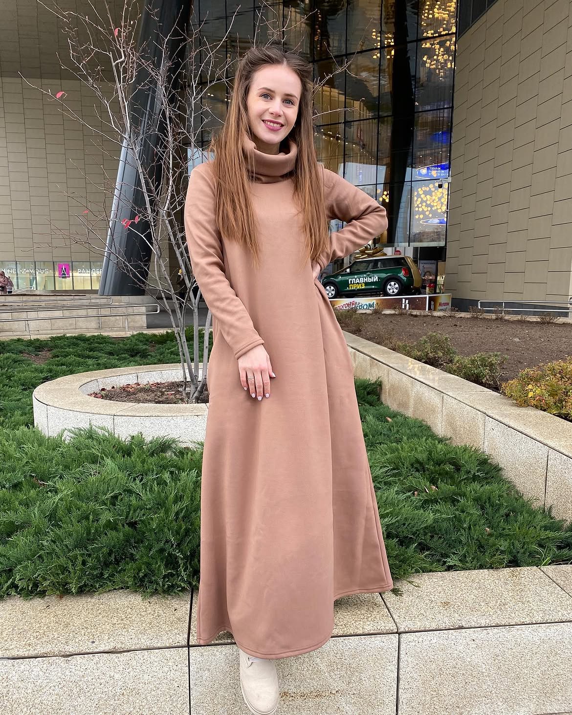 Elegant Camel Turtleneck Maxi Dress and Sneakers