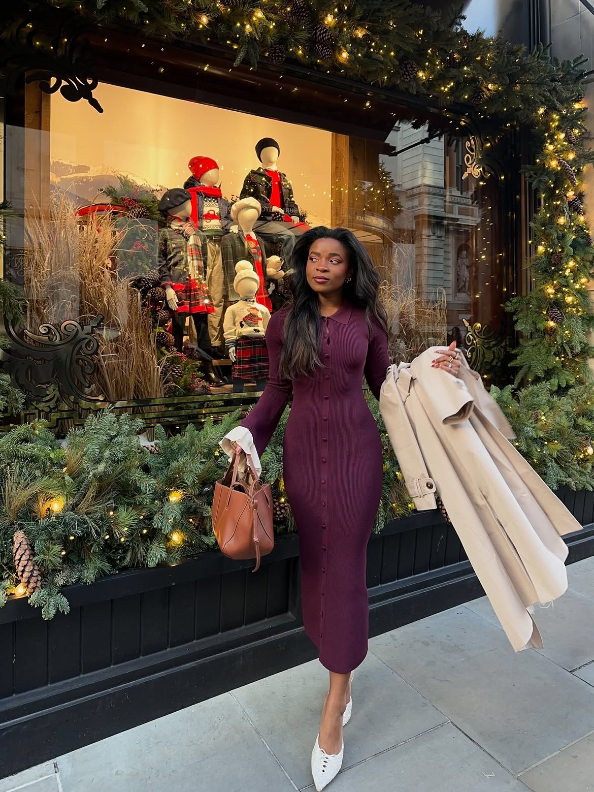 Elegant Plum Ribbed Knit Midi Dress With Trench