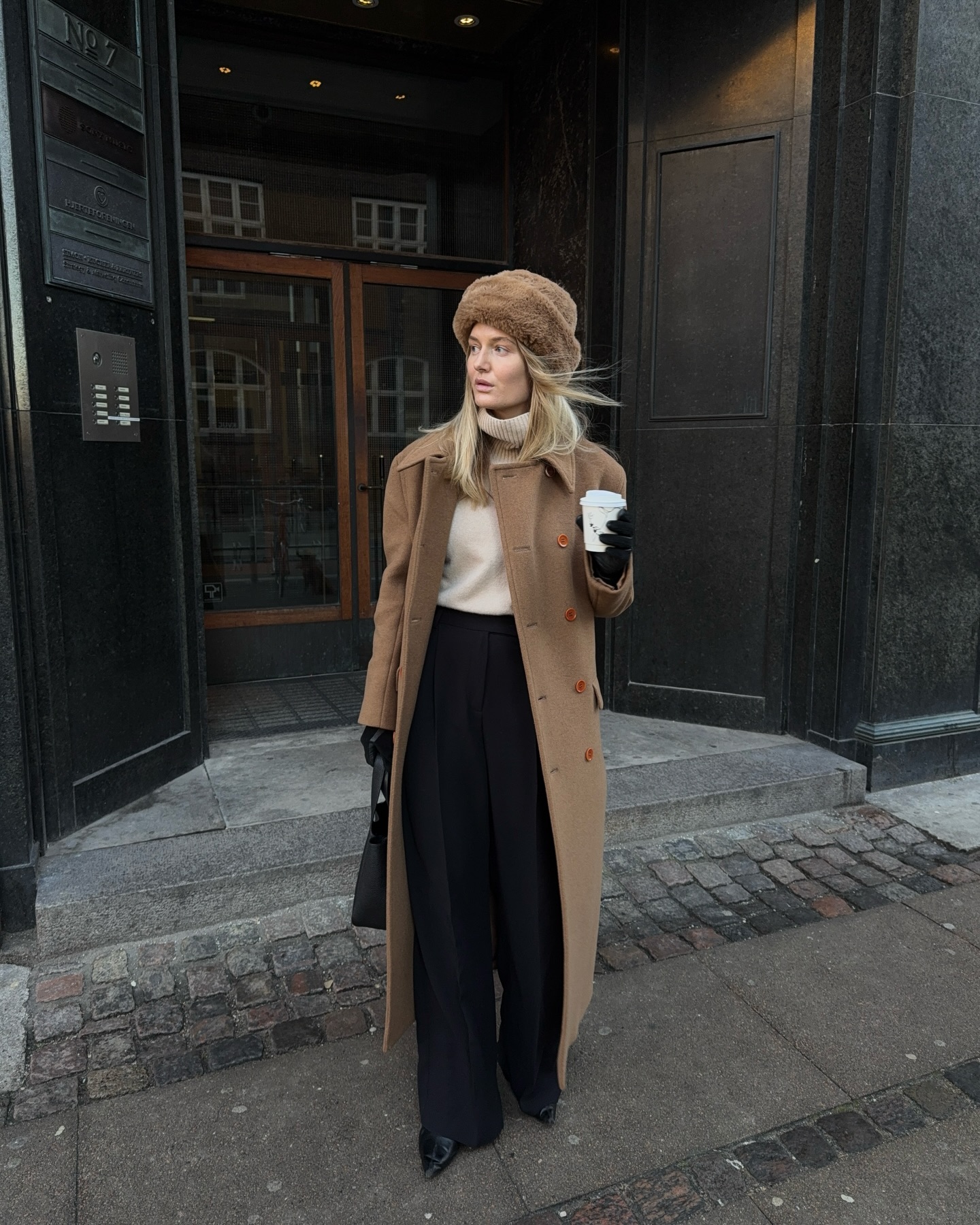 Elevated Camel Coat and Black Trouser Winter Outfit