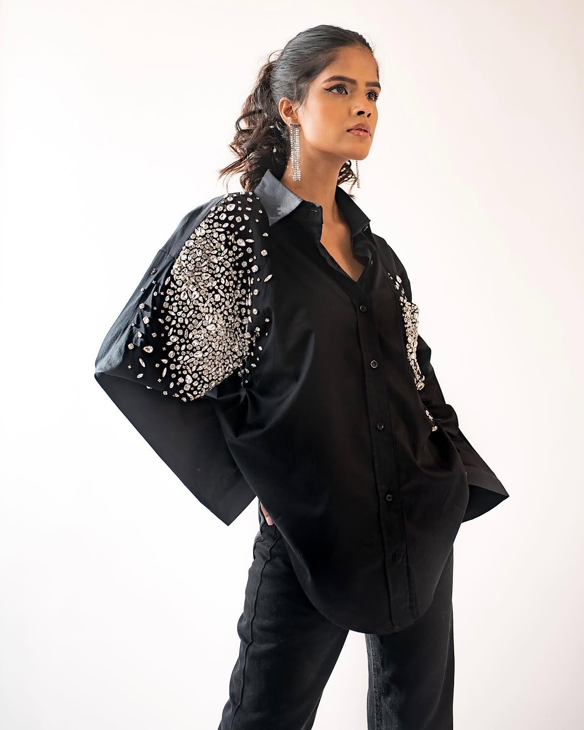 Embellished Black Button Down And Dark Denim Look
