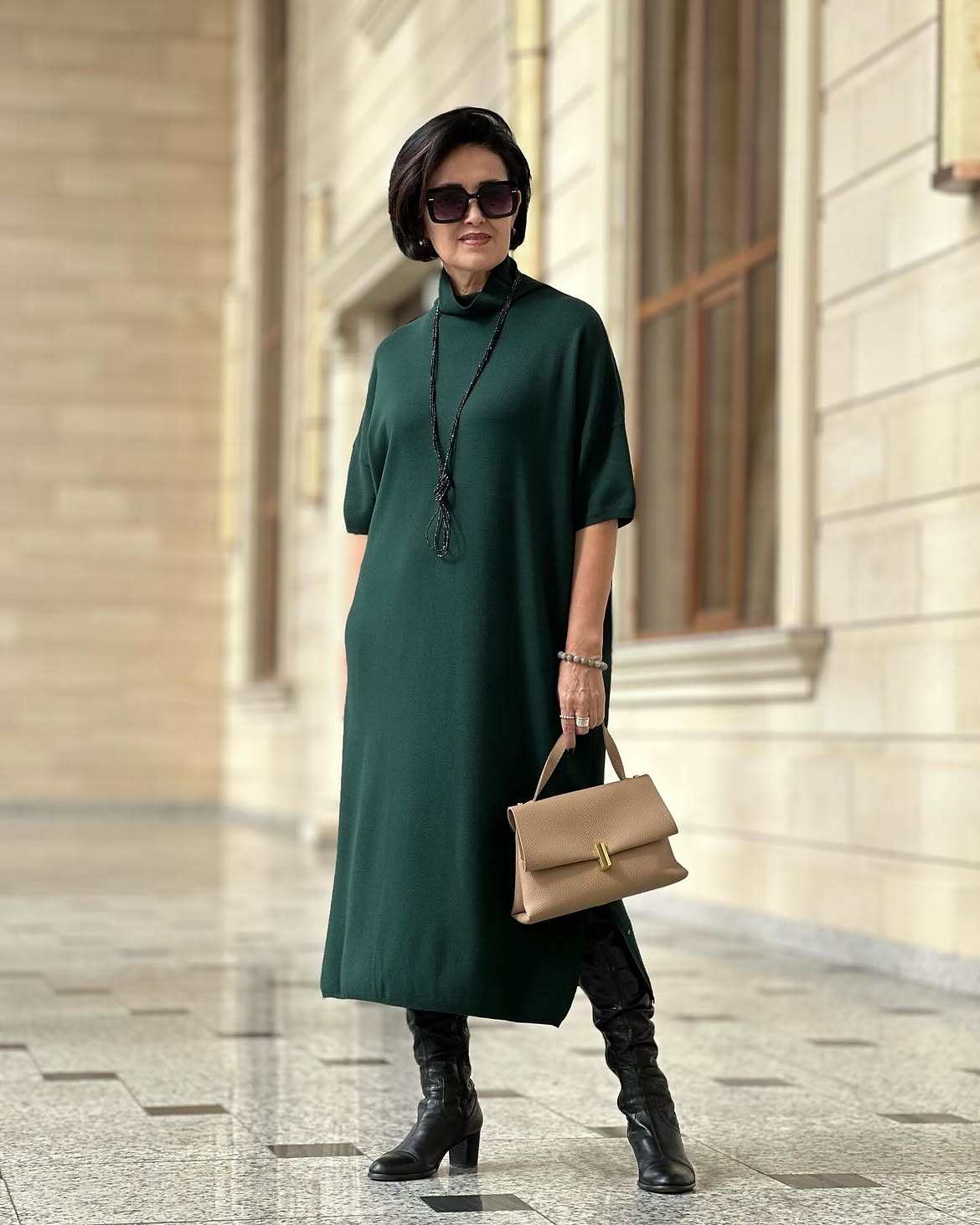 Emerald Turtleneck Knit Dress With Black Boots