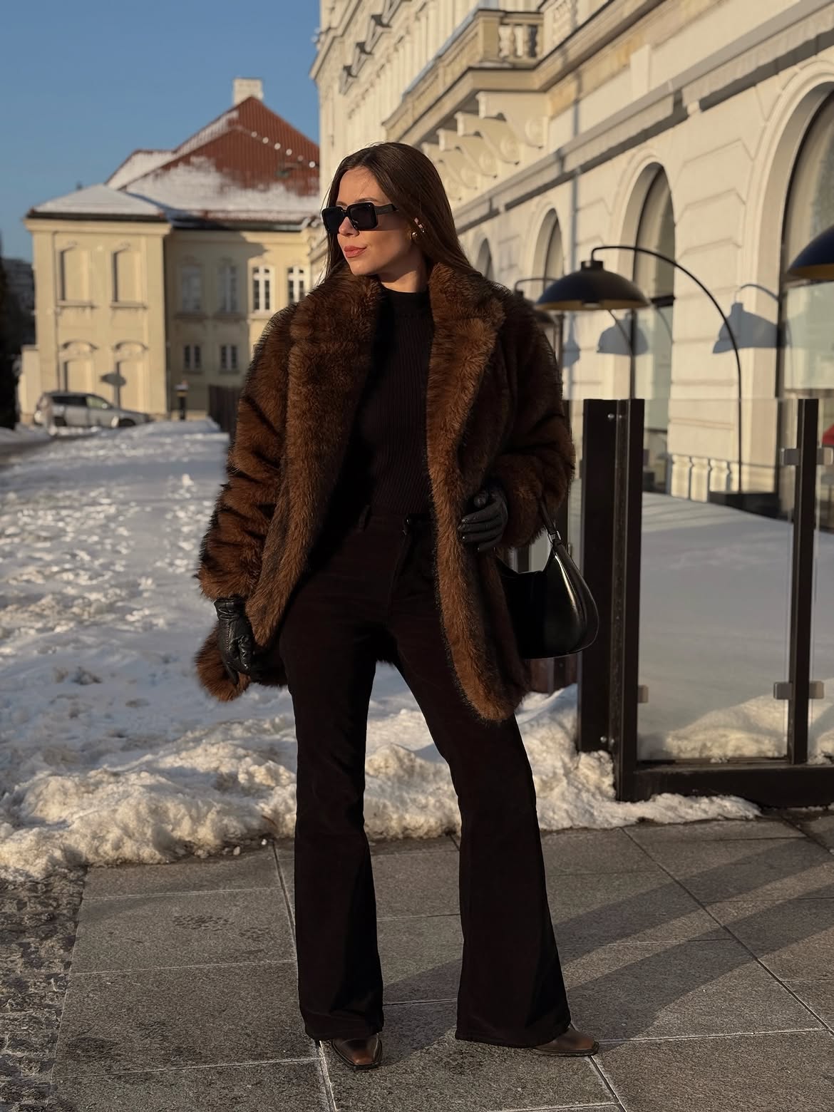 Faux Fur Coat and Flared Trouser Chic Winter Wedding Guest