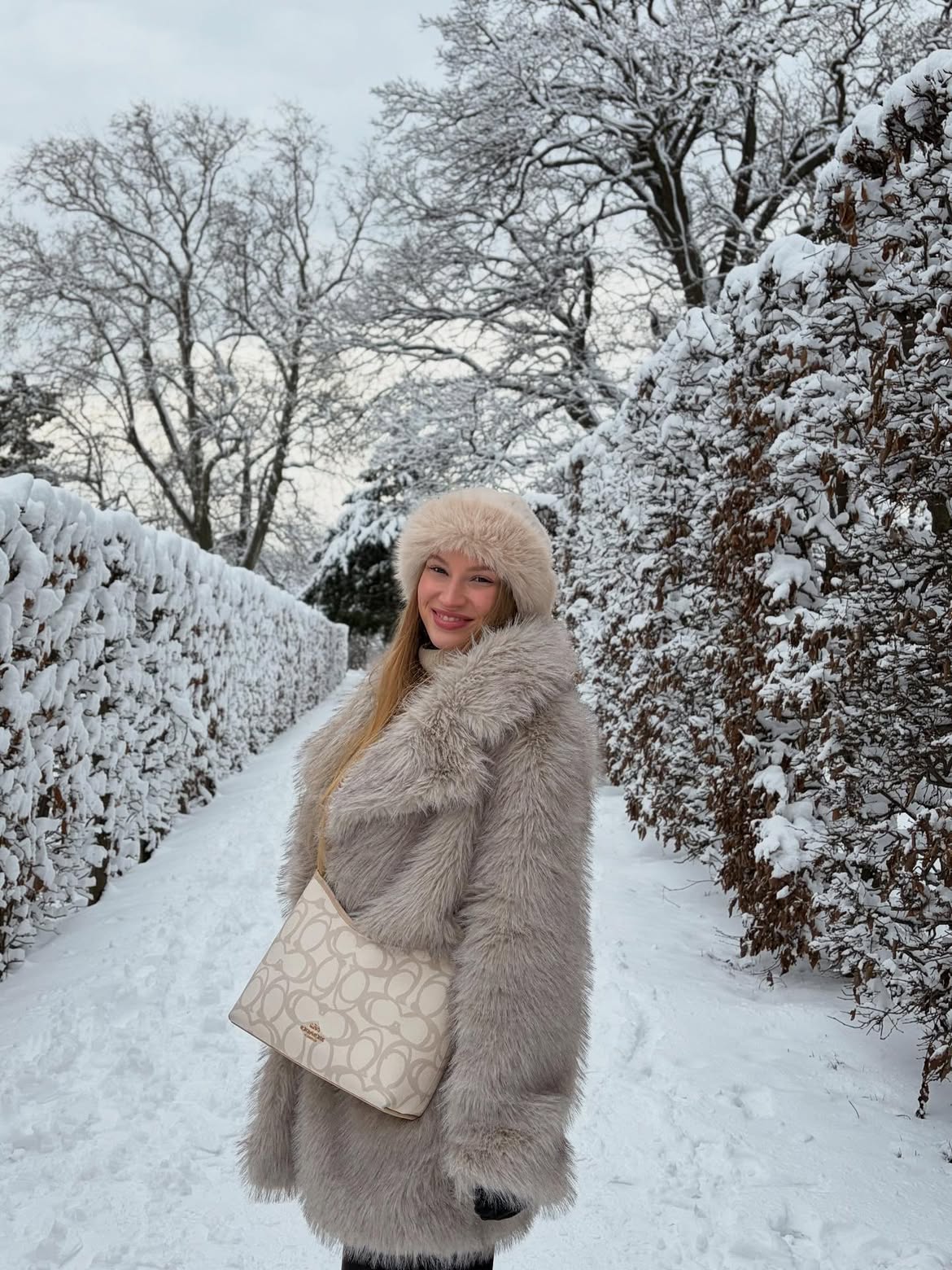 Faux Fur Coat And Matching Hat Snow Day Look