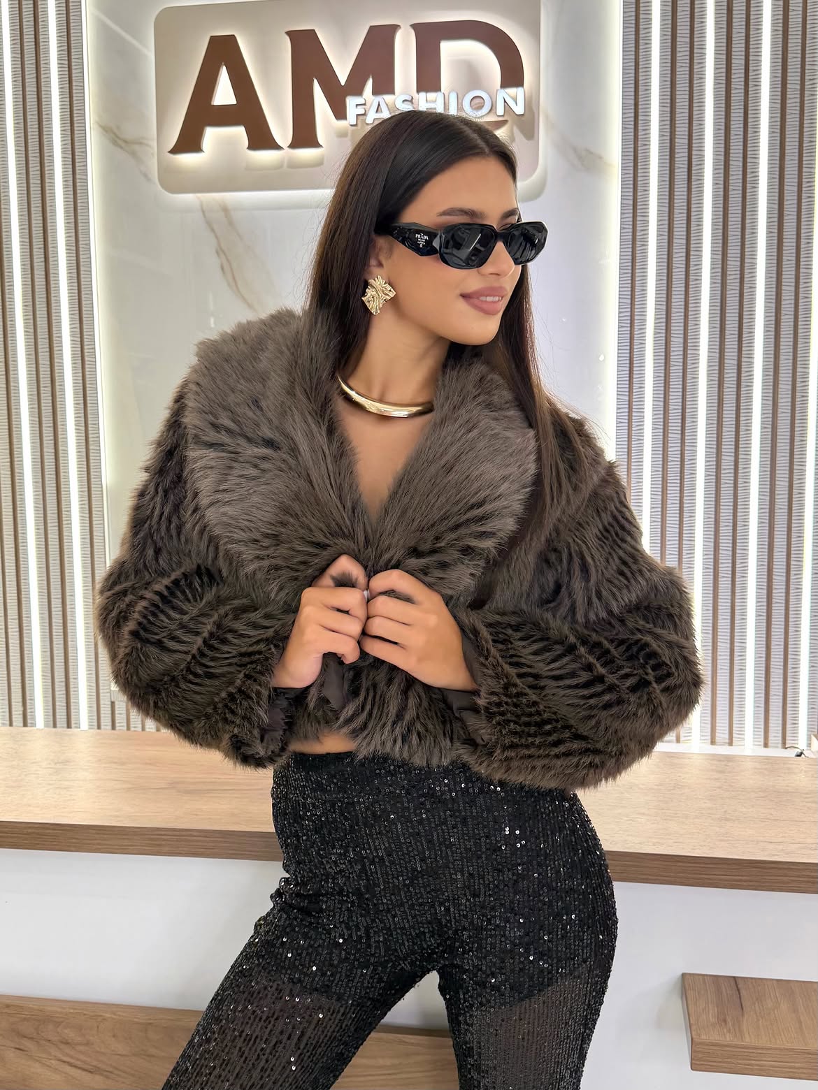 Faux Fur Jacket And Sequin Party Pants