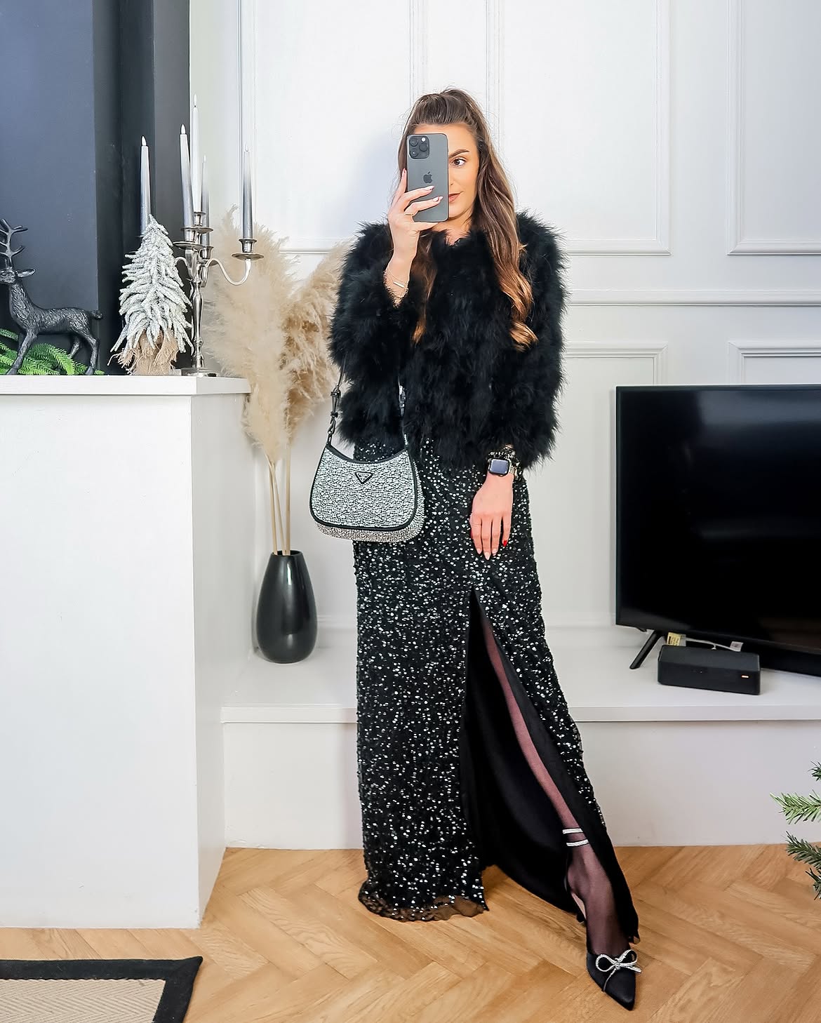 Feathered Jacket And Sequin Skirt Glam