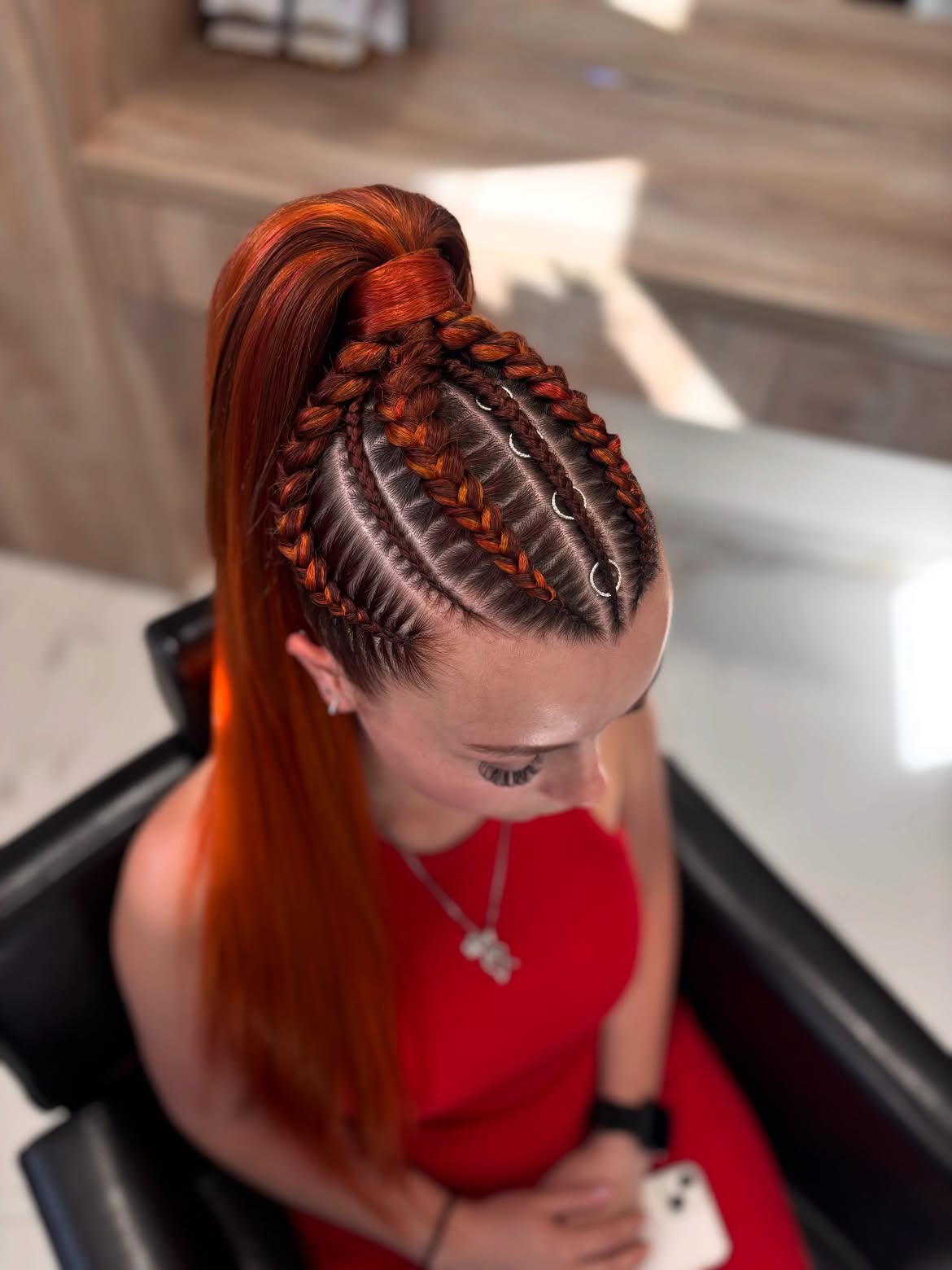 Fiery Auburn Braids With Silver Hoops