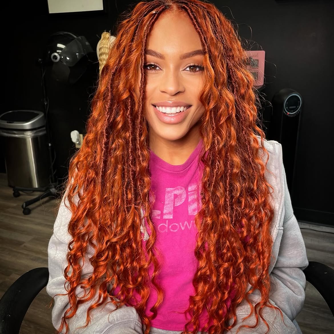 Fiery Auburn Faux Locs With Loose Curls