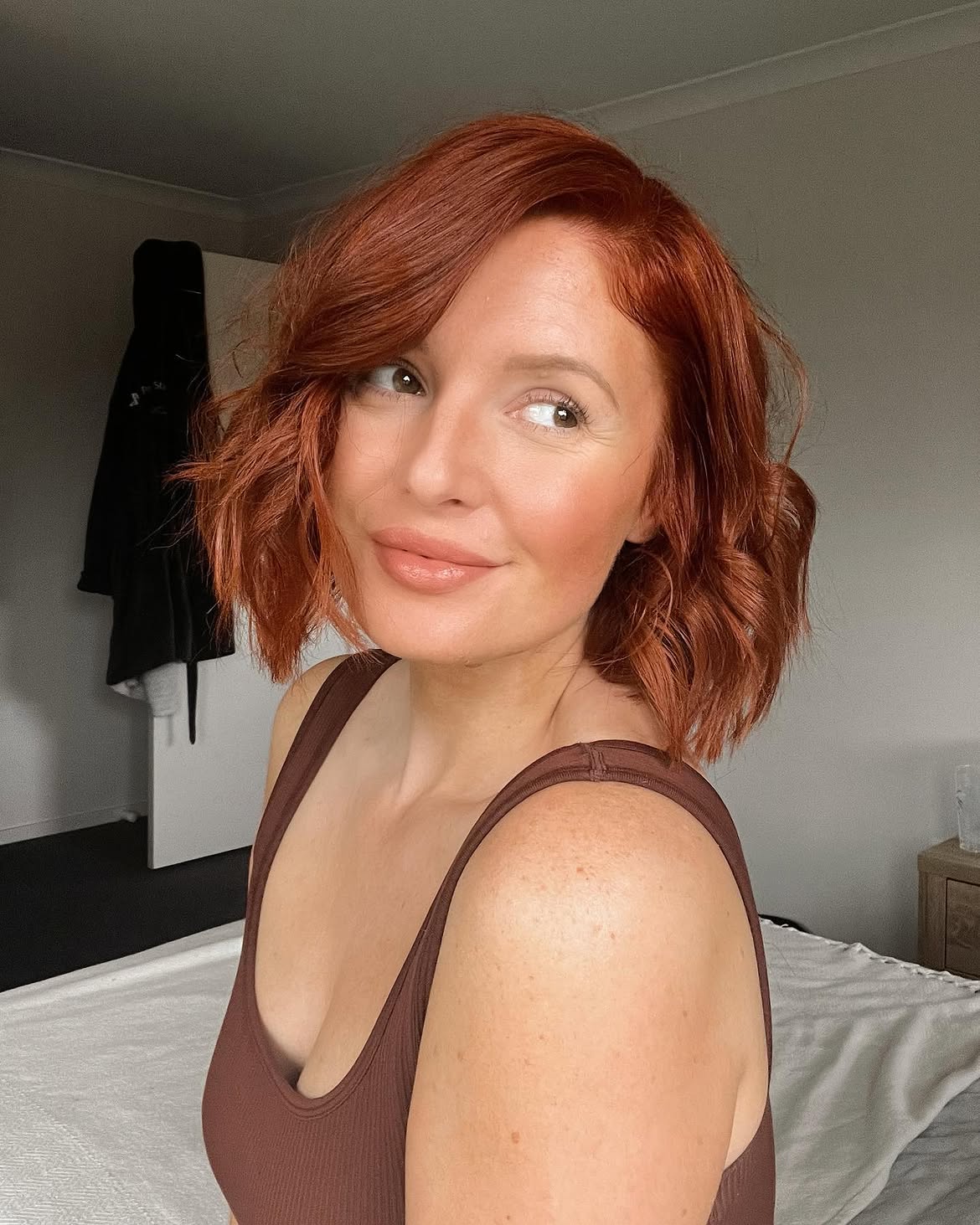 Fiery Copper Textured Bob With Deep Side Part