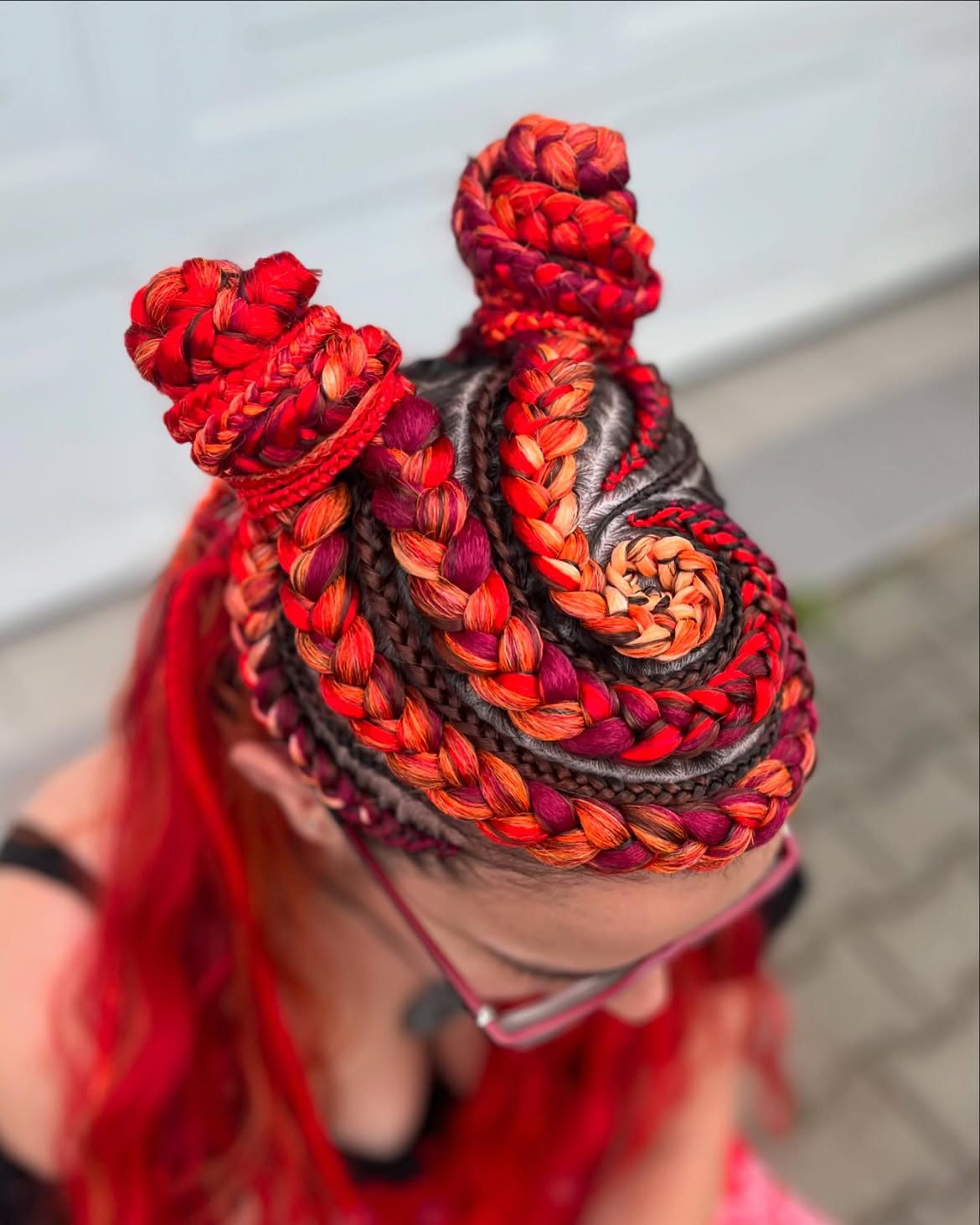 Fiery Double Space Buns With Accent Braids