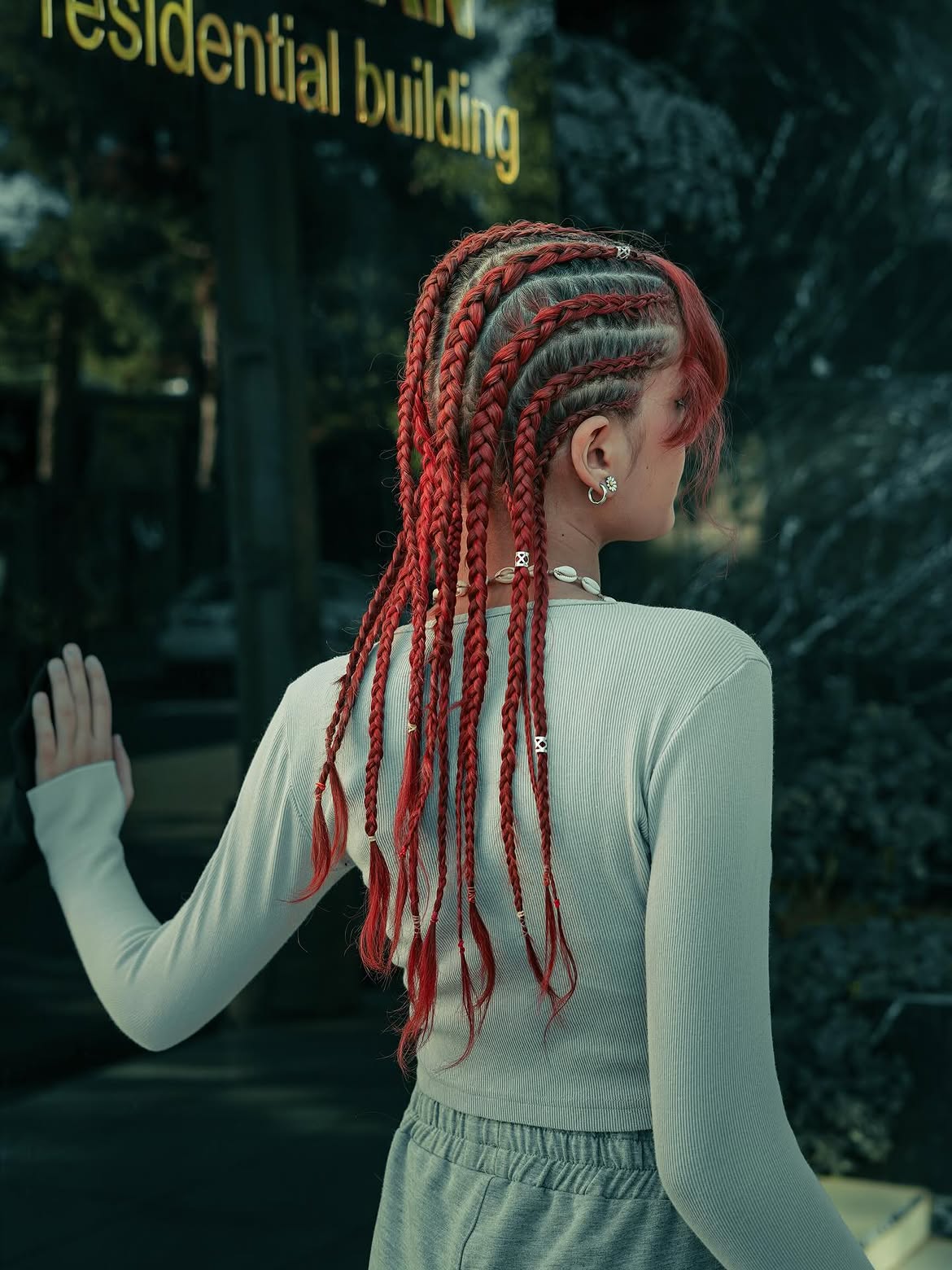 Fiery Red Box Braids With Metallic Accents