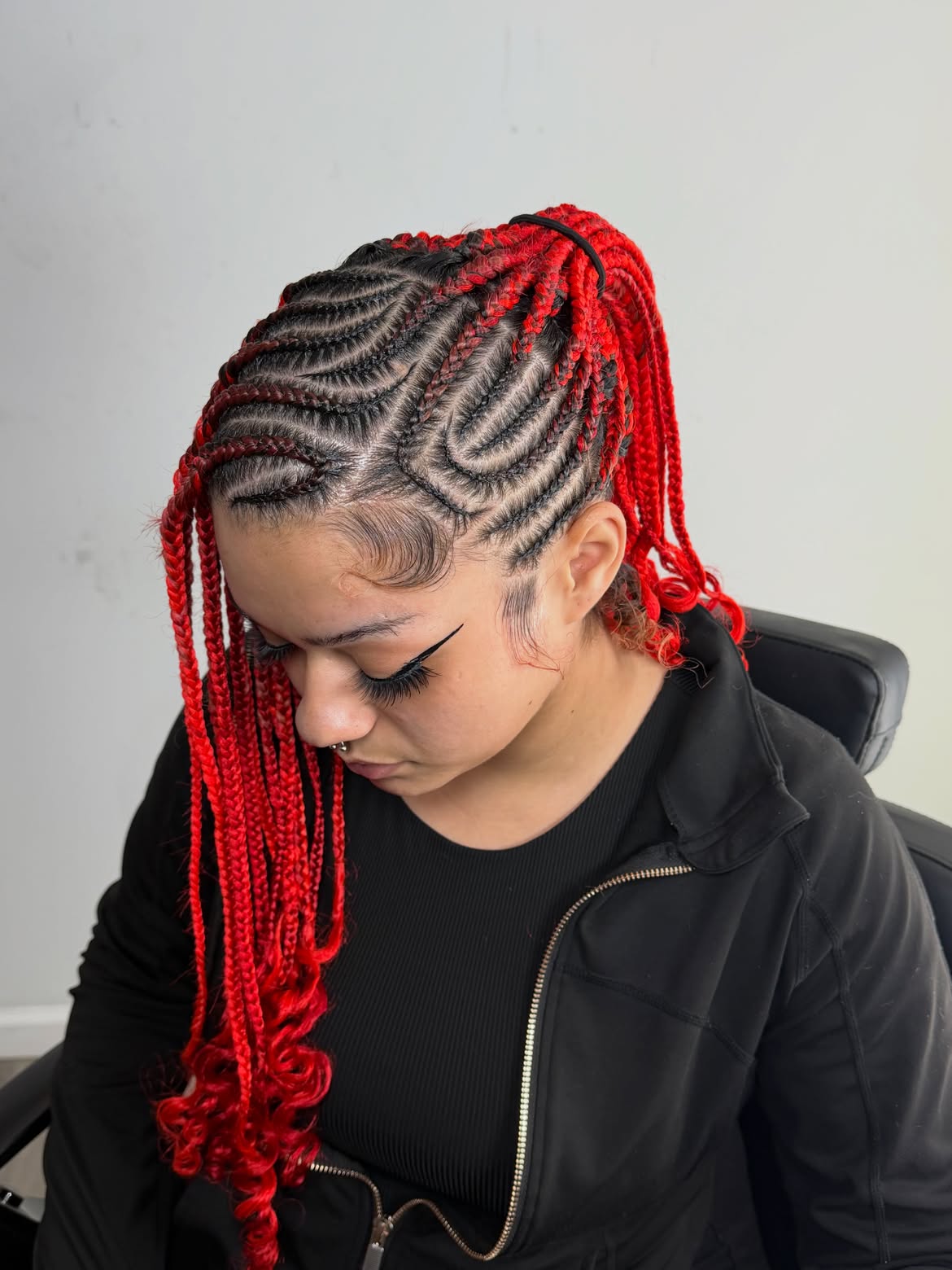 Fiery Red Medium Knotless Braids With Curls