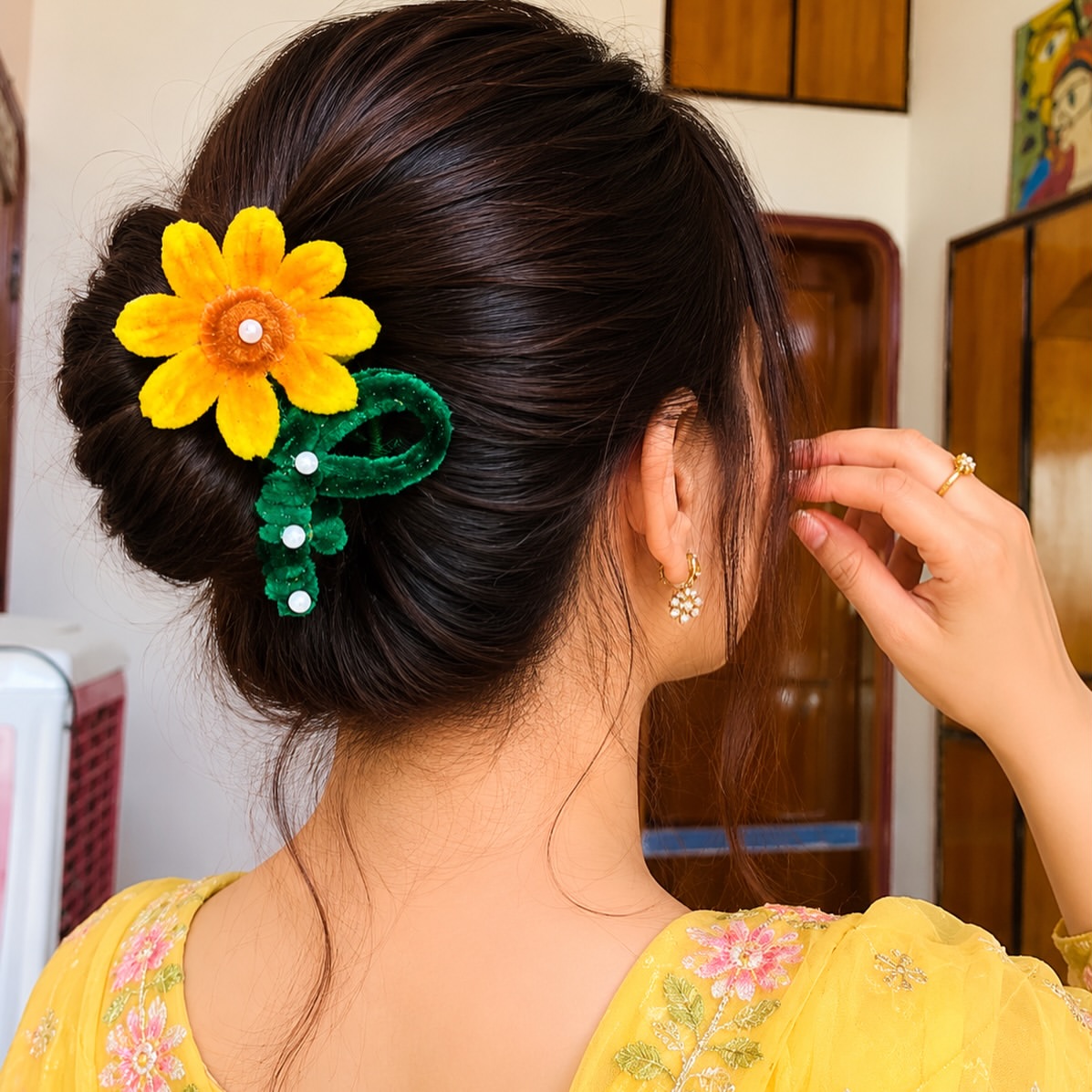 Floral Embellished Low Bun With Soft Face Framing