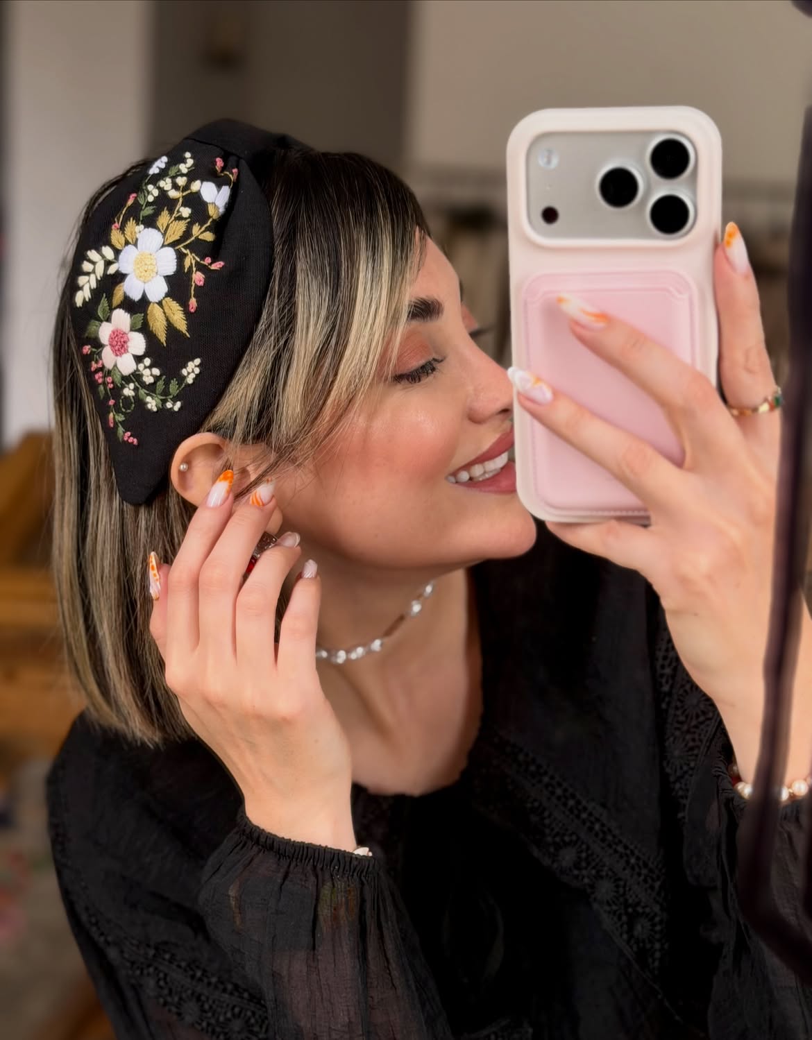 Floral Embroidered Headband On Sleek Chin Length Bob